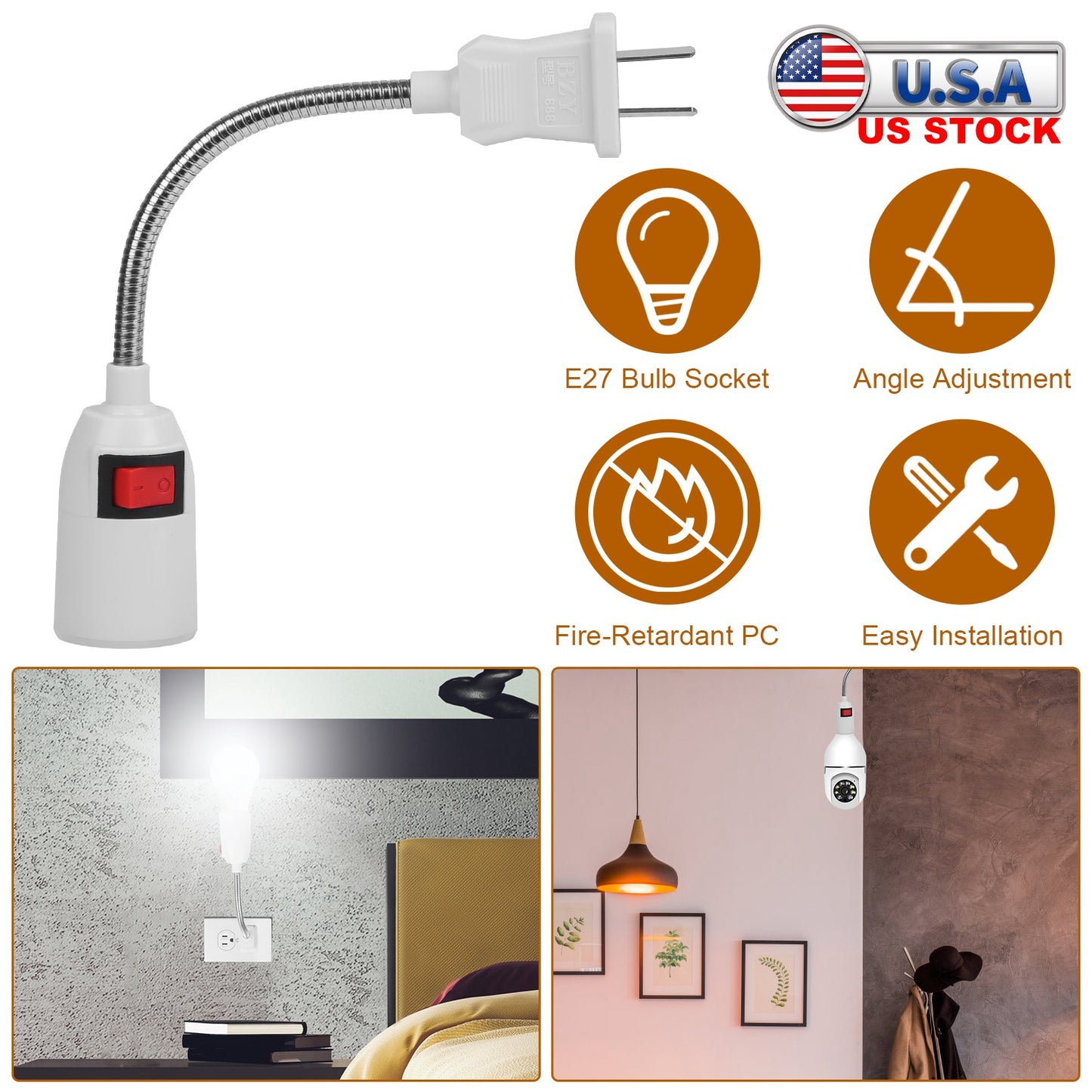 LJGelectro - US Plug Extension Light Socket E27 Bulb Plug Extender Adapter Flexible Lamp Holder Converter with On/Off Switch for Bulb Camera