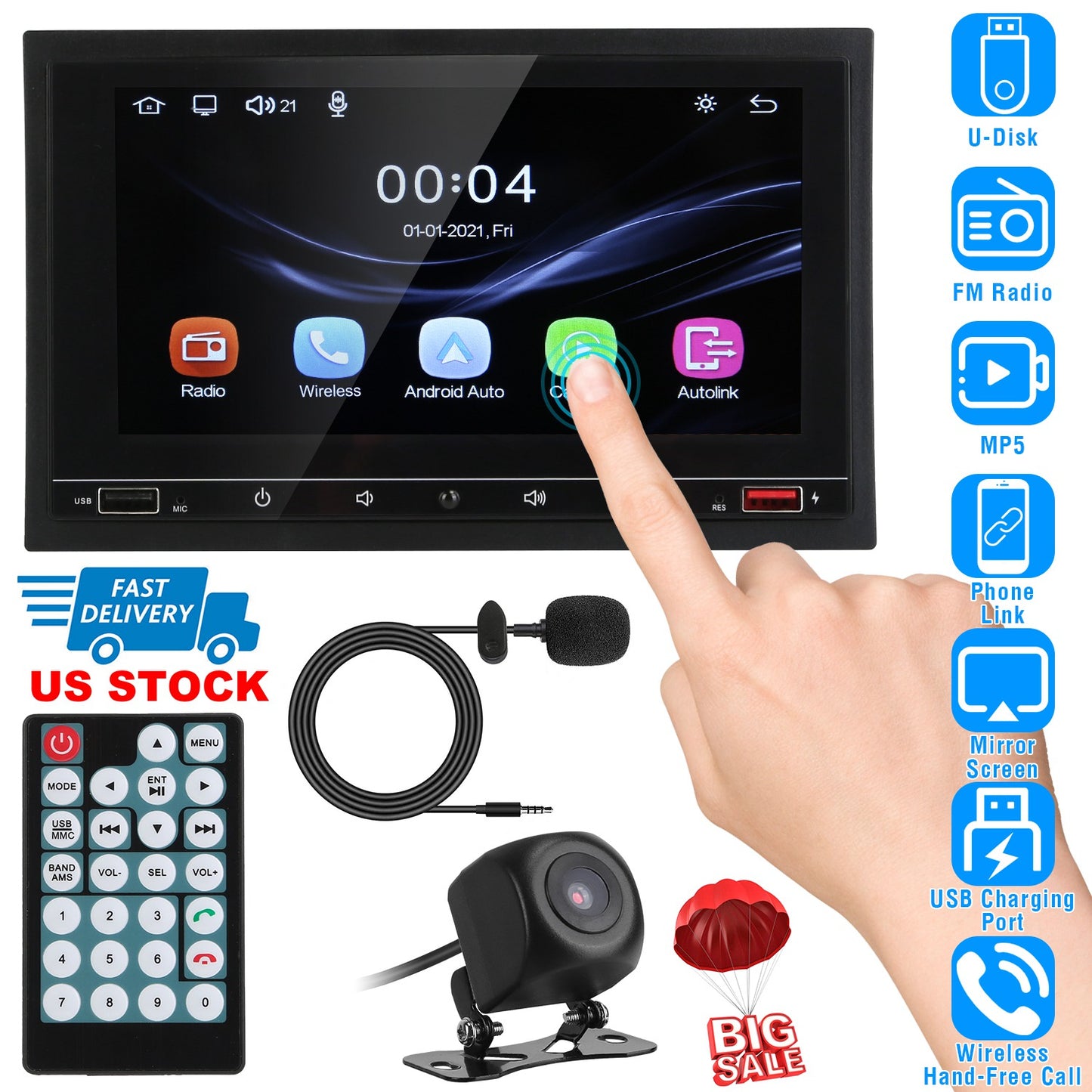 LJGelectro - 7In Universal Wireless Car MP5 Player 1080P Video Player Stereo Audio FM Radio Aux/USB Input with Rear View Camera Remote Control