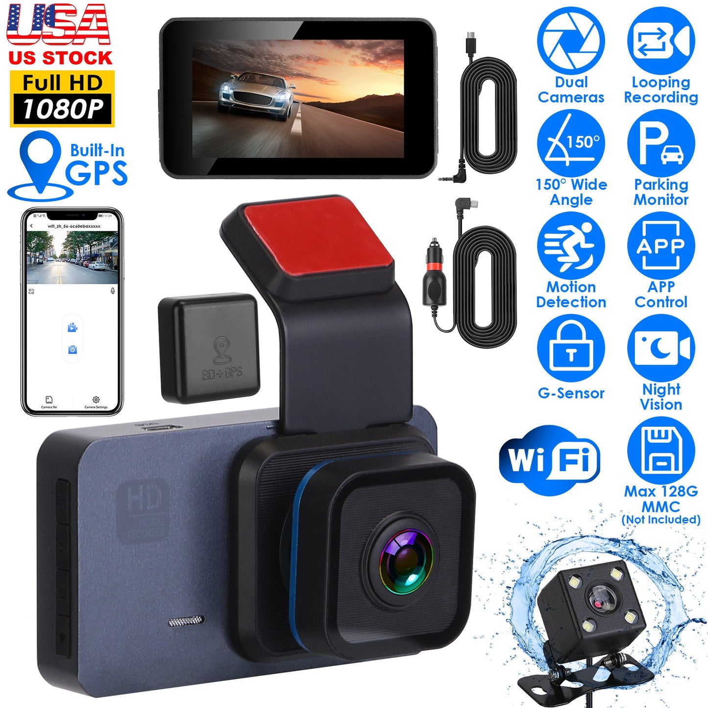 LJGelectro - 1080P Dual Lens Dash Cam Vehicle Driving Recorder Car DVR with WiFi GPS G-Sensor APP Control Motion Detection Parking Monitor Night Vision