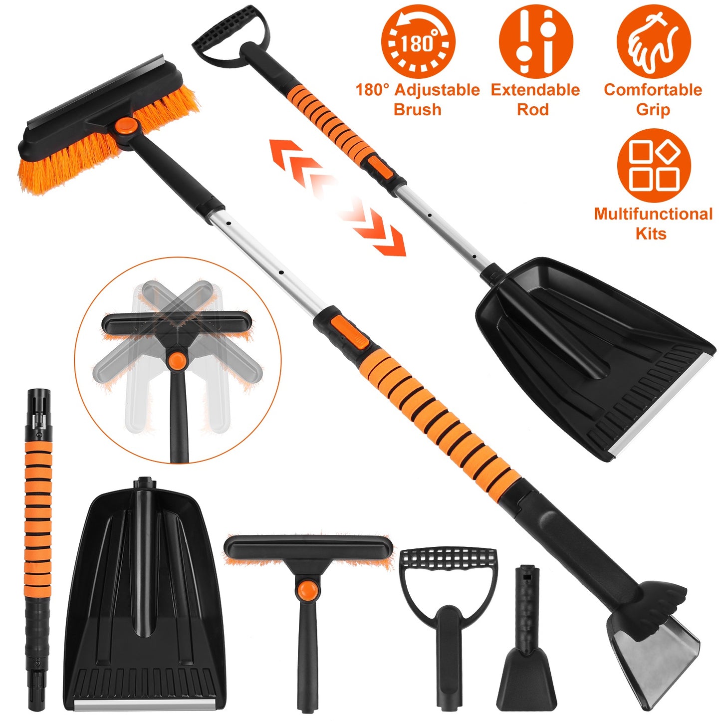 LJGelectro - 5 in 1 Detachable Snow Remover Kits Extendable Ice Scraper Snow Shovel 180° Adjustable Snow Brush Head for Car Windshield Roof