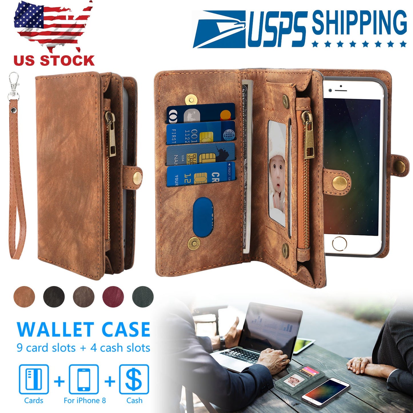 LJGelectro - Phone Wallet Case For iPhone 8 Portable Wallet Case 2 in 1 Leather Zipper Magnetic Detachable 13 Card Slots Money Pocket Clutch Cover W/ID Widows