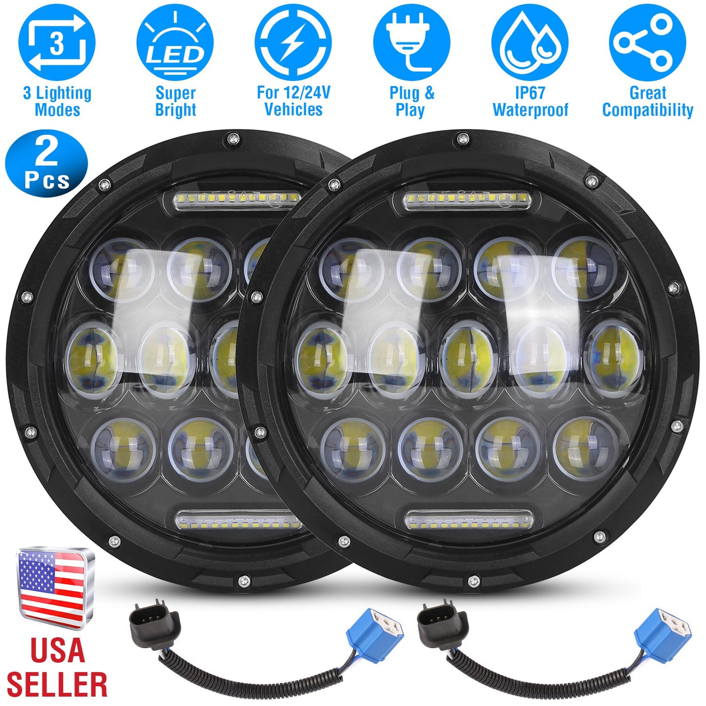 LJGelectro - 2Pcs 7In 75W Round LED Headlight 3800LM Halo Car Headlamp with DRL High Low Beam for Jeep Wrangler TJ JK CJ with H4 to H13 Adapters Plug and Play