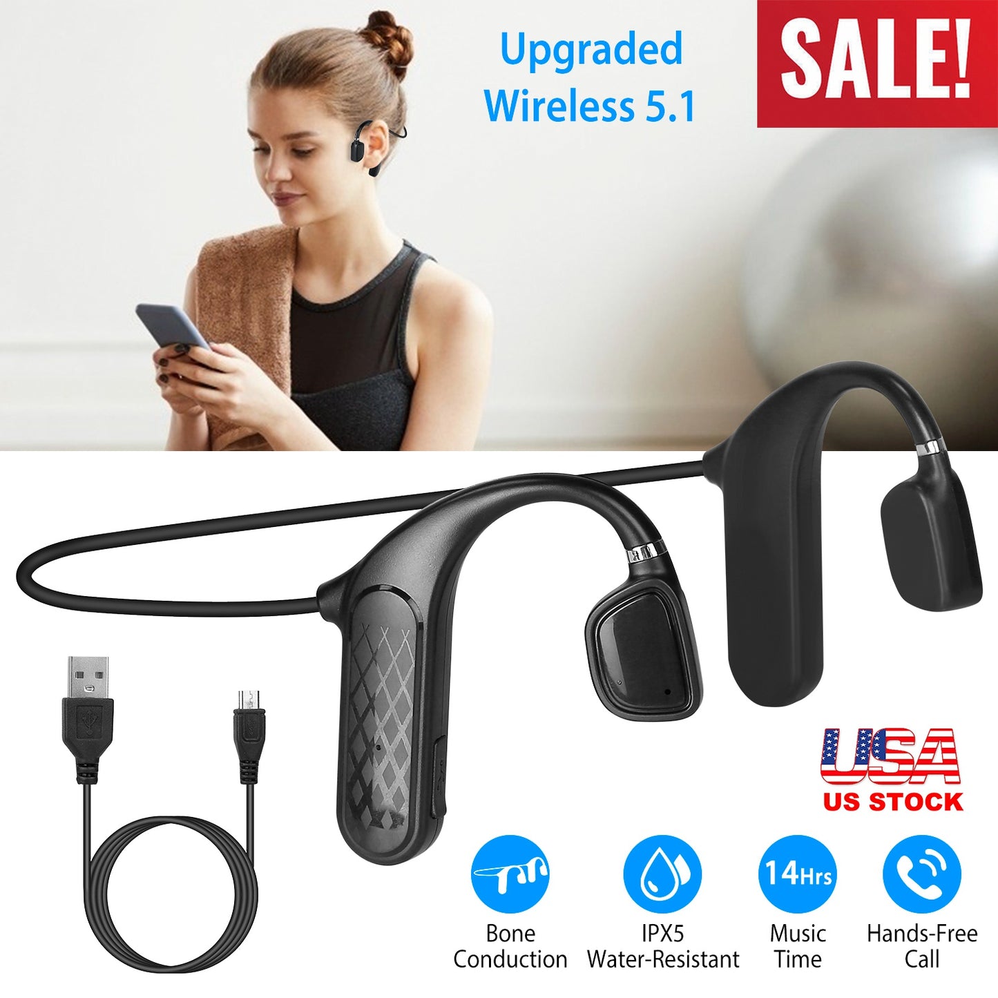 LJGelectro - Wireless V5.1 Bone Conduction Earphones Open-Ear Wireless Headsets Music Sport Wireless Open Hook Earphone w/ Sensitive Mic For Business Driving