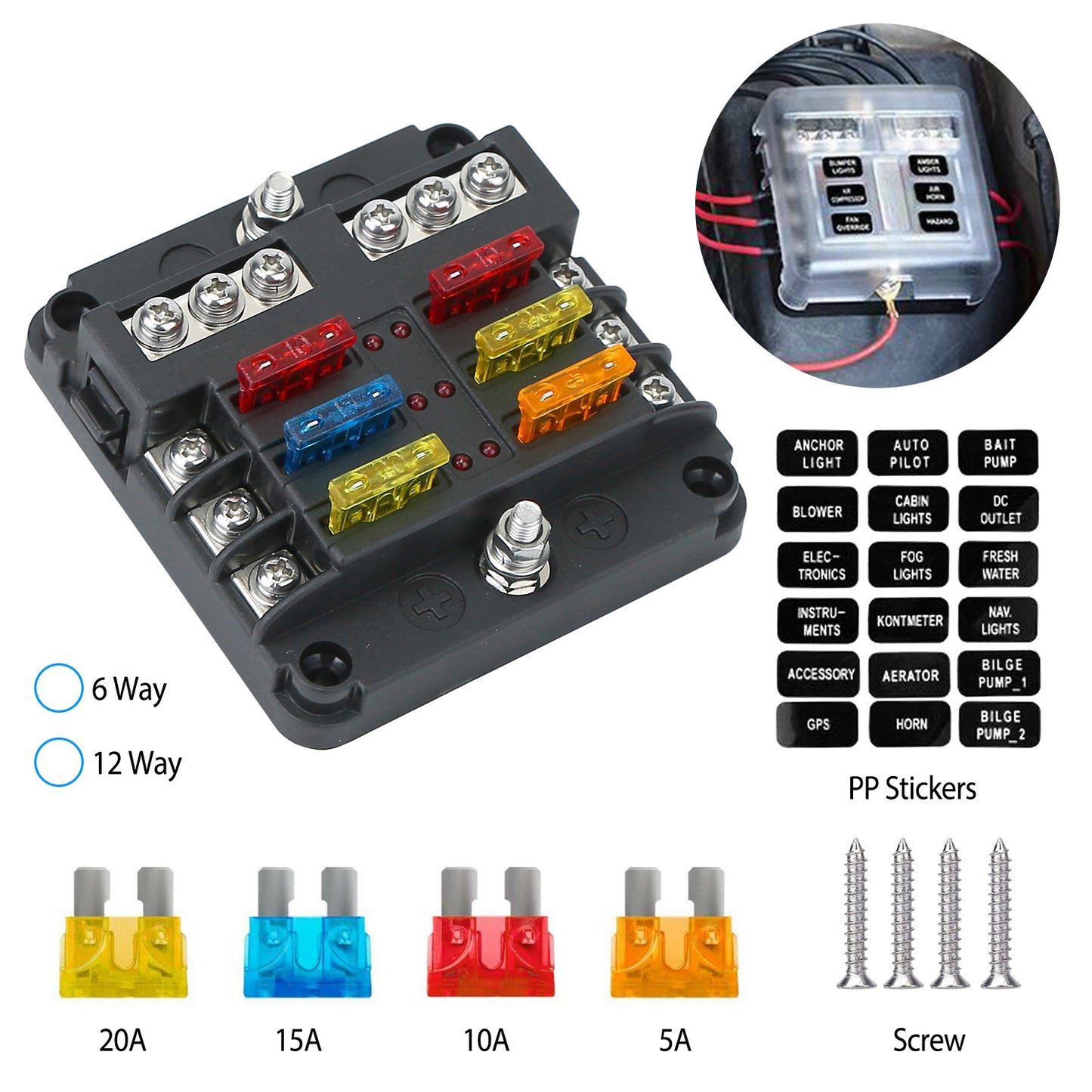 LJGelectro - 6-Way Fuse Box Holder w/ LED Indicator 6 Circuit Blade Fuse Block Sticker Label For 12-32V Automotive Boat Car SUV Marine