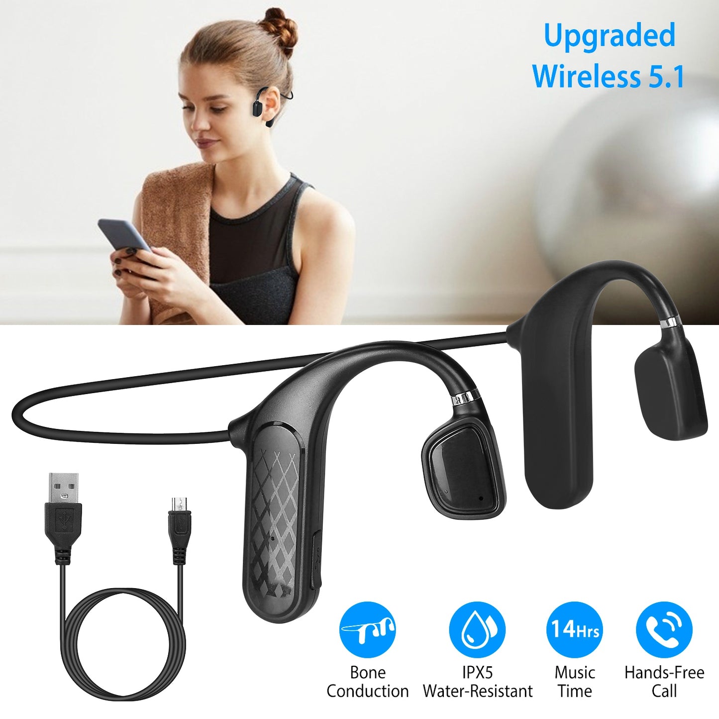 LJGelectro - Wireless V5.1 Bone Conduction Earphones Open-Ear Wireless Headsets Music Sport Wireless Open Hook Earphone w/ Sensitive Mic For Business Driving