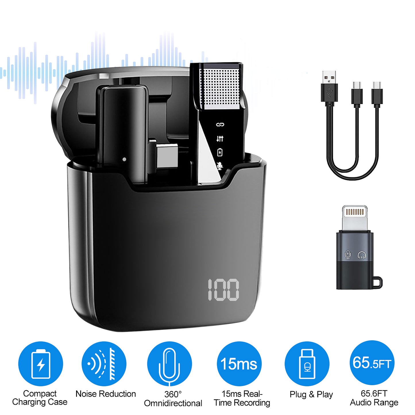 LJGelectro - Wireless Clip On Microphone with Charging Case Omnidirectional Mic Noise Reduction Plug and Play 65.6FT Transmission Type-C IOS Video Record Interview