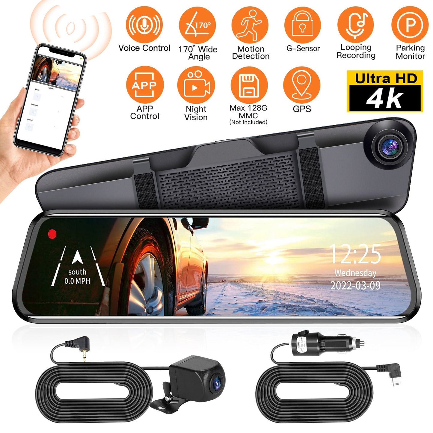 LJGelectro - 4K Car DVR 12in Dash Cam Camcorder Camera Recorder with 170° Angle Loop Recording Motion Detection Night Vision Voice Control APP Control G-sensor