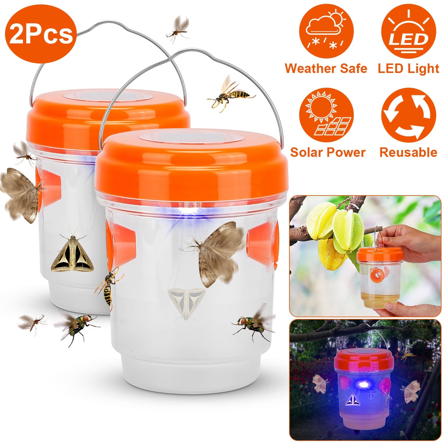 LJGelectro - 2Pcs Solar Powered Outdoor Wasp Trap Hanging Fly Catcher Reusable Bee Killer with UV Light to Trap Yellow Jacket Hornet Wasp Bee