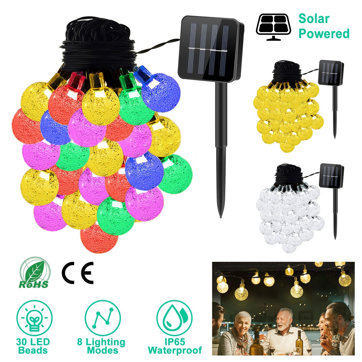 LJGelectro - Globe String Solar Lights 30 Ball LED Fairy Solar Lamps 8 Lighting Modes IP65 Waterproof Decorative Lamp w/ Stake Garden Lawn Flower Trees Patio Garde