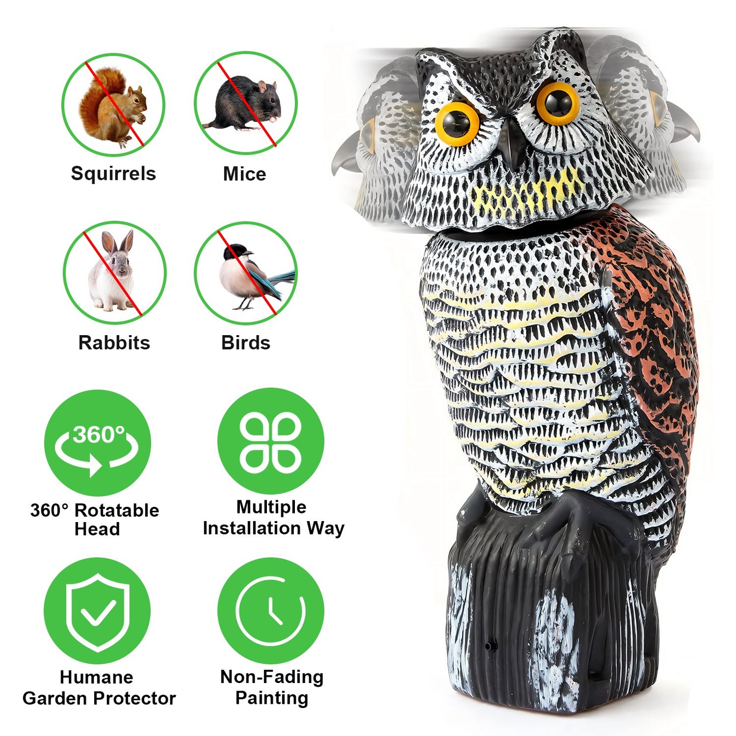 LJGelectro - Lifelike Owl Decoy with 360 Degree Rotatable Head Scare Bird Squirrel Away Pest Repellent Bird Deterrent Outdoor Garden Yard Protector