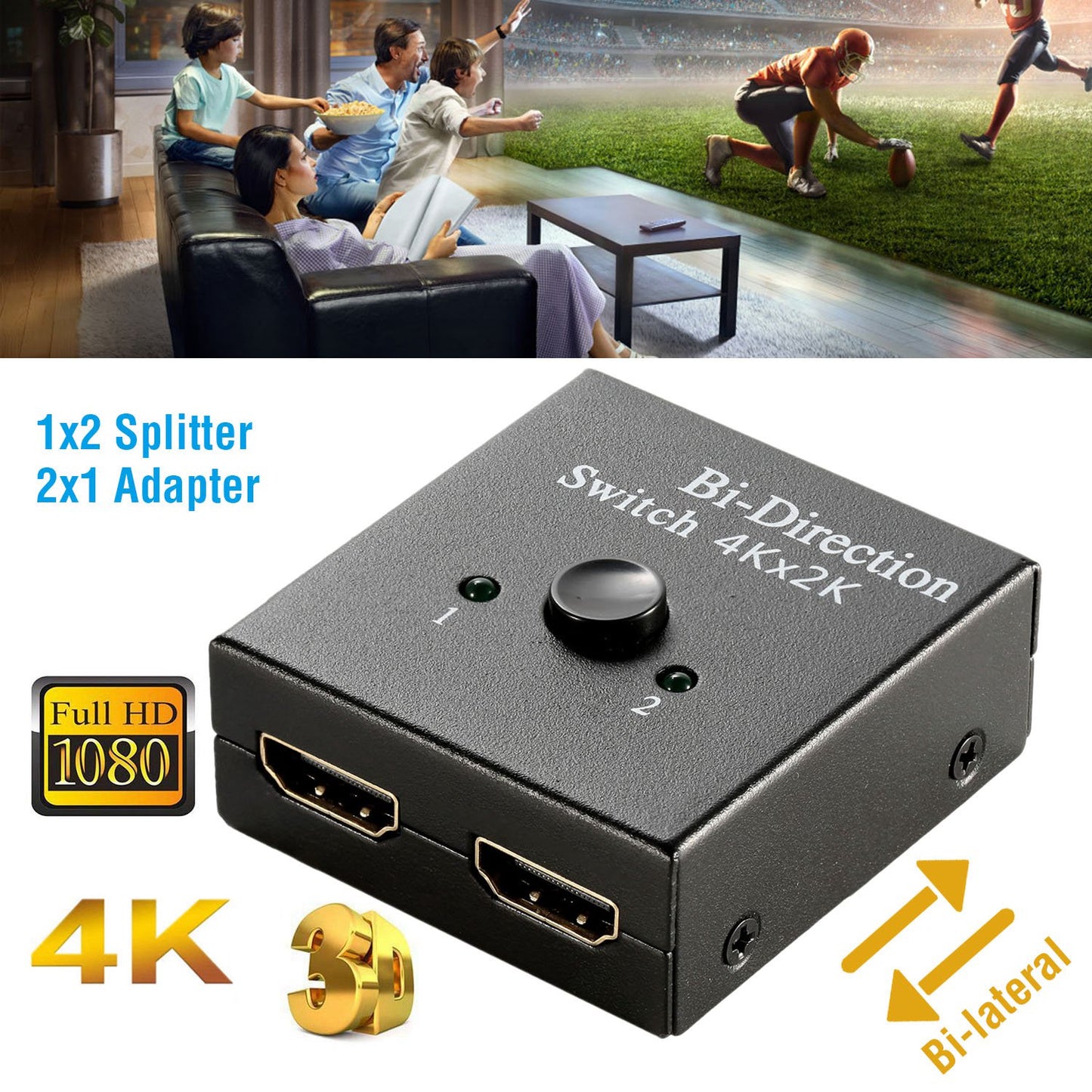 LJGelectro - 4K Bi-direction HD-IN & HD-OUT 2.0 Cable Switch Switcher Splitter Hub HDCP 3D 2x1 1x2 In Out