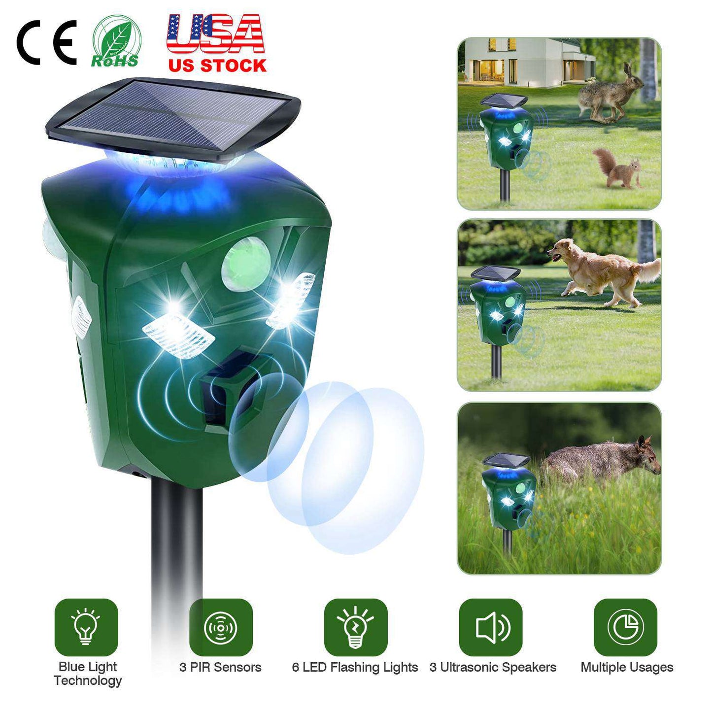 LJGelectro - Electric Solar Powered Ultrasonic Animal Repeller 360° Ultrasonic Animal Driver with Motion Sensor LED Flashing Lights Waterproof Outdoor Animal Repel