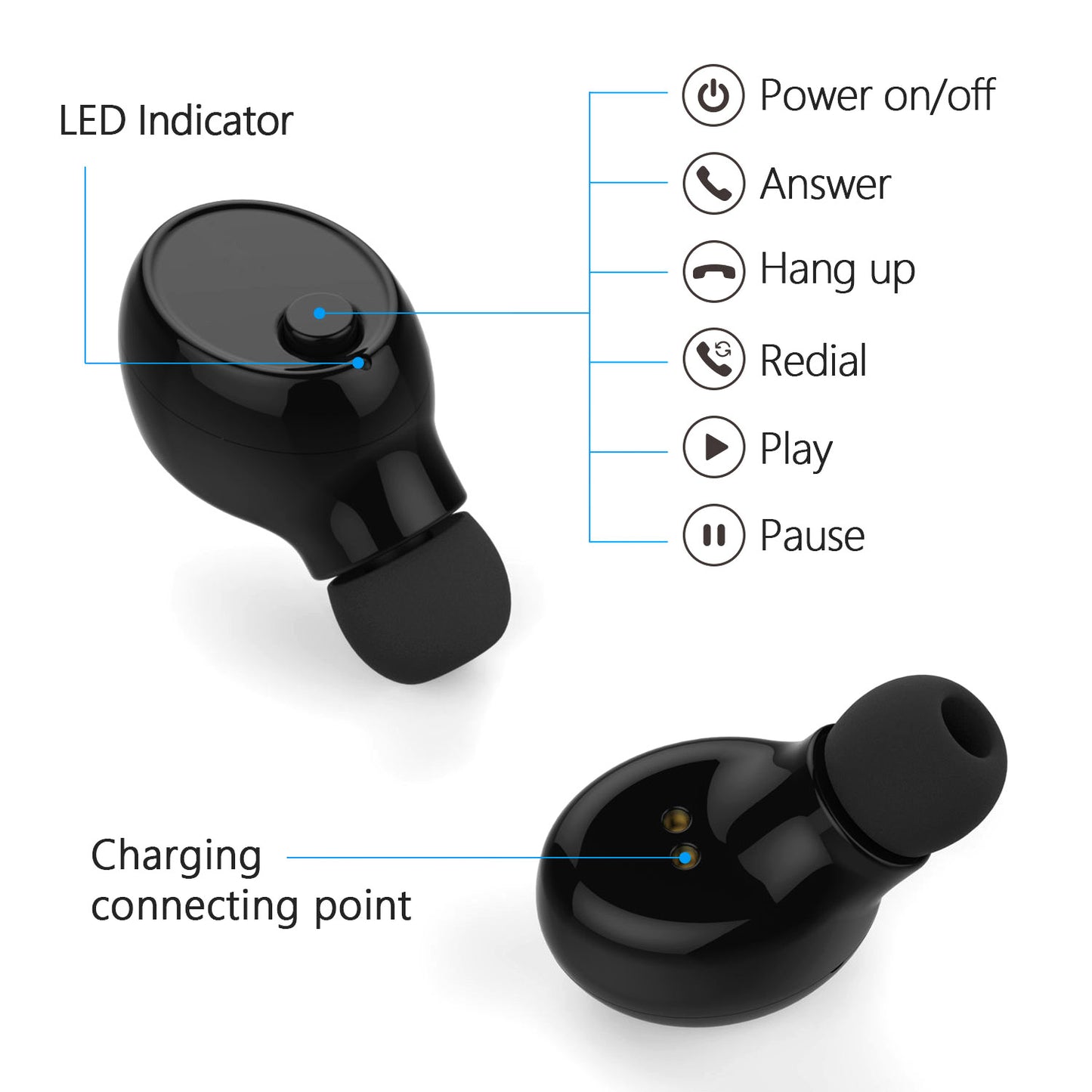 LJGelectro - Wireless Single Earbud Wireless 4.1 Magnetic Charging In-ear Earpiece 6 Hours Working Noise Cancelling Handsfree Earphone w/ Microphone USB Charger Of