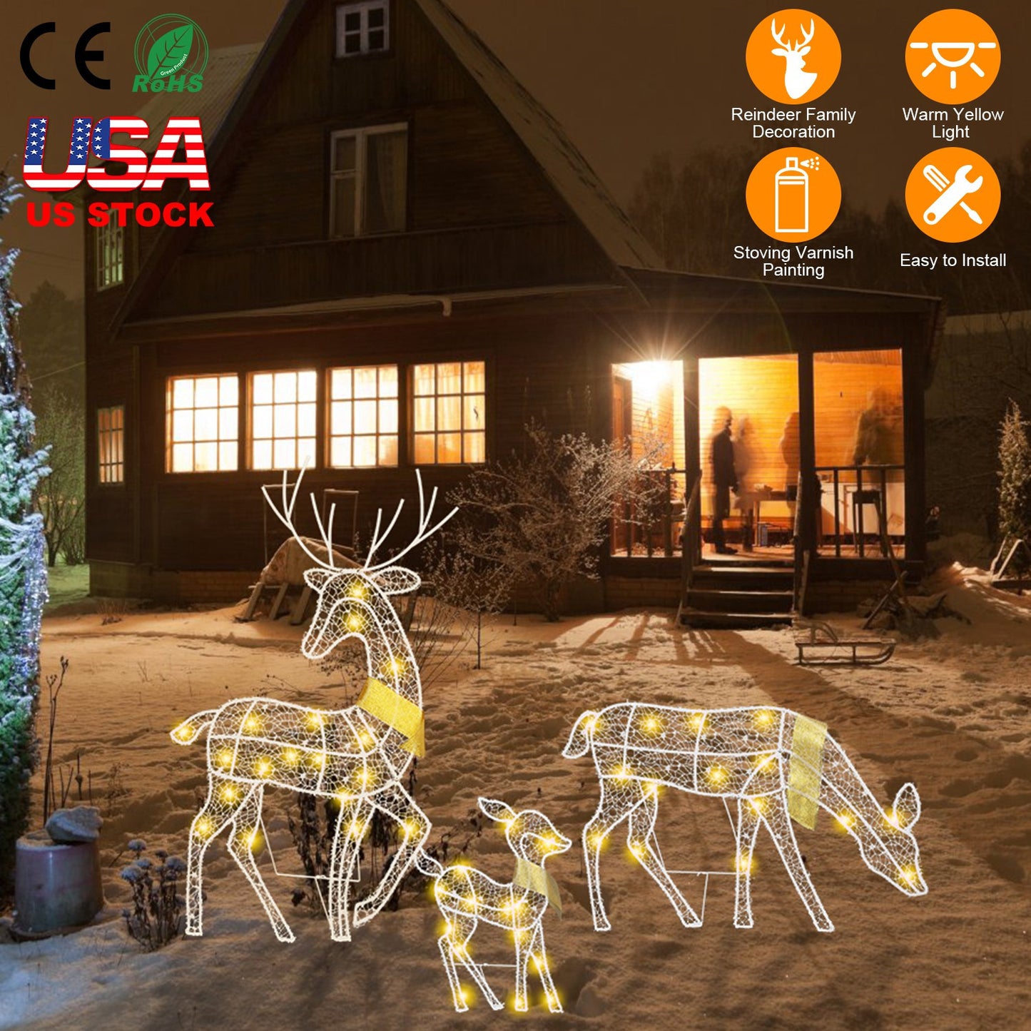 LJGelectro - 3 Sets of Reindeer Family Lighted 2D Christmas Deer Decoration Warm Yellow Light 3 Lighting Modes Buck Doe Fawn Indoor Outdoor Christmas Decoration