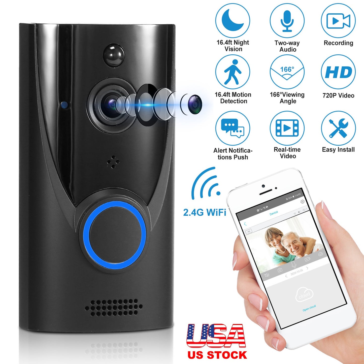 LJGelectro - WiFi Video Doorbell Wireless Door Bell 720P HD WiFi Security Camera w/ Two-way Talk PIR Motion Detection IR Night Vision Home Security Camcorder Offic