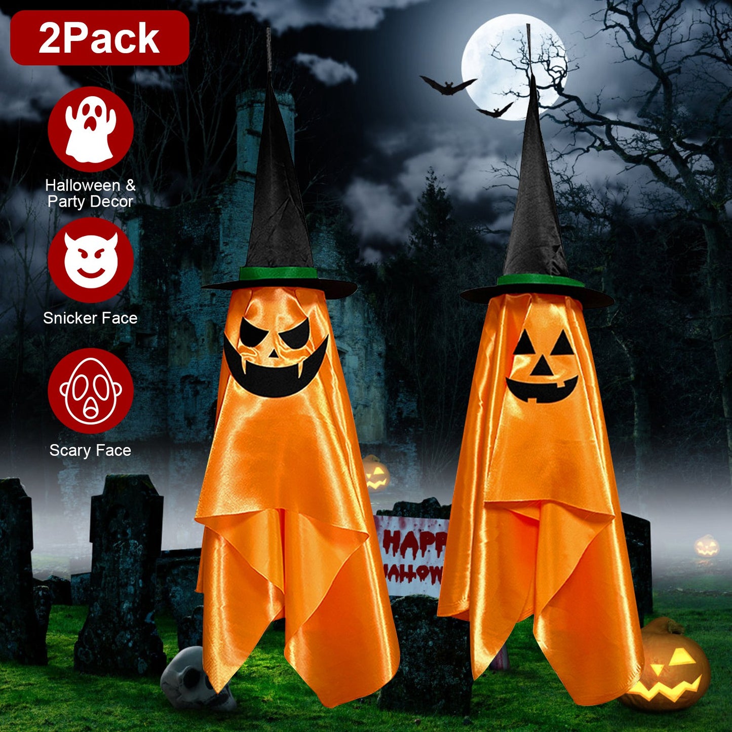 LJGelectro - 2 Pack Hanging Ghosts with Wizard Hat Snicker Scary Face Halloween Party Hanging Decorations Pumpkin Wizard Hat for Eave Tree Porch