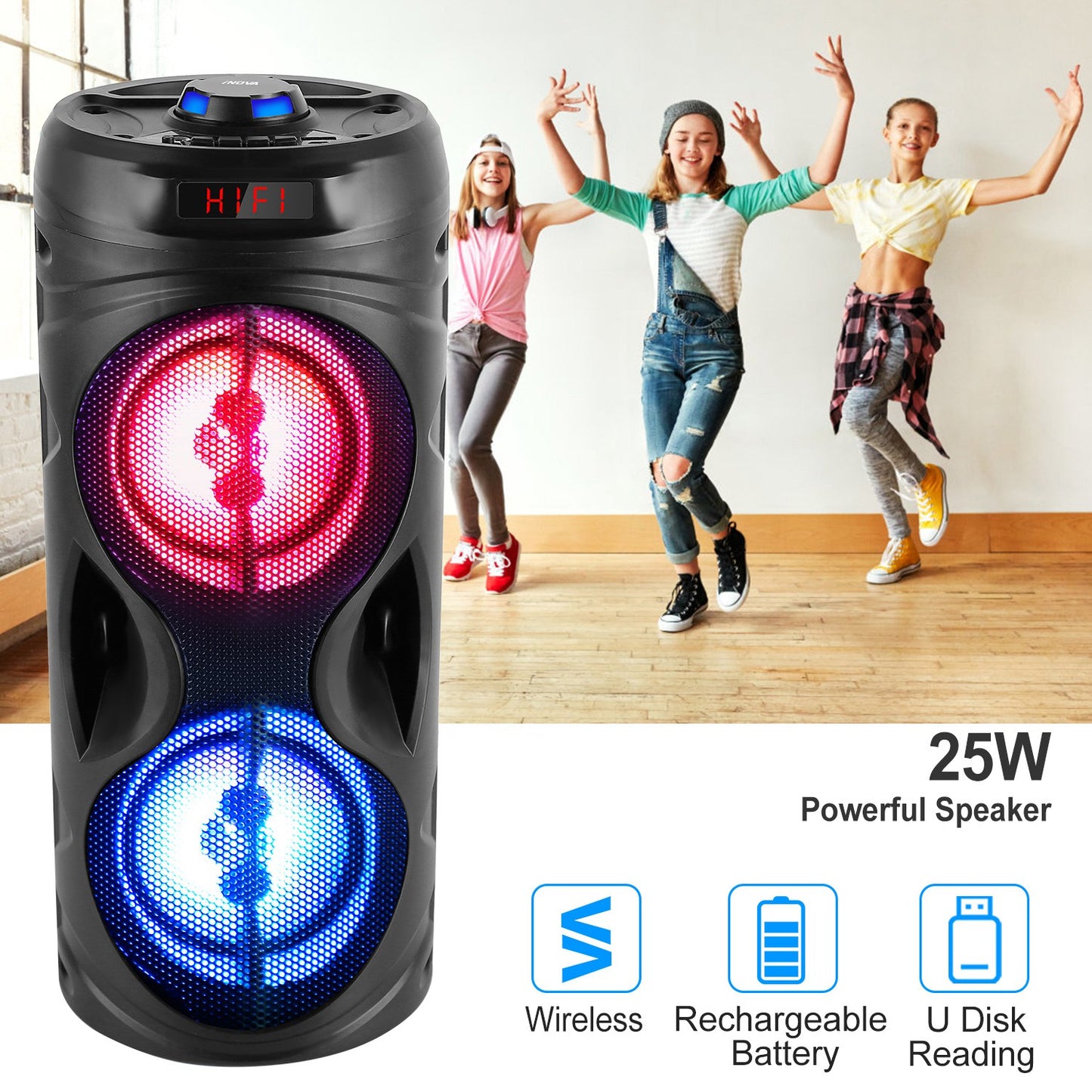 LJGelectro - Portable Wireless Party Speaker Karaoke Machine Wireless Speaker with LED DJ Light FM Radio Supports MMC Card/USB Microphone Aux-In for Party Home TV