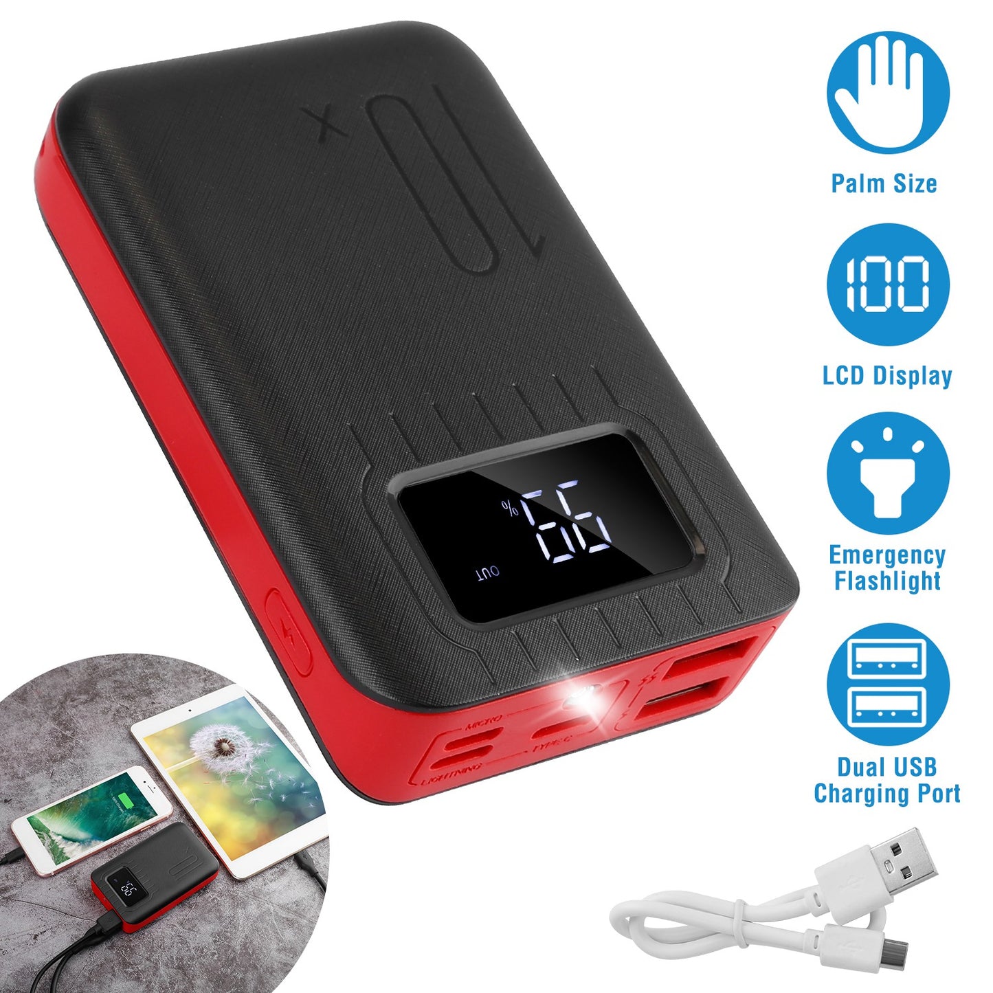 LJGelectro - 10000mAh Portable Power Bank External Battery Pack Charger Dual USB Charge Ports with LCD Display Flashlight Type C Micro USB Lightning Input Ports