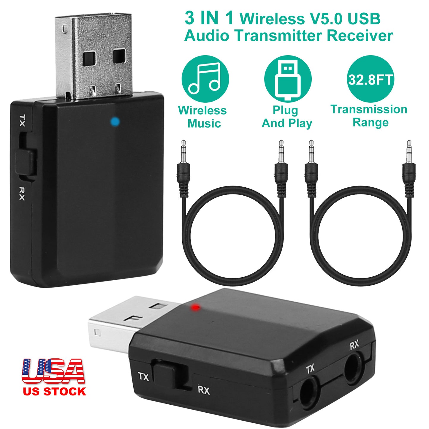 LJGelectro - 3 IN 1 Wireless V5.0 USB Audio Transmitter Receiver EDR Adapter Music Streaming For TV PC Headphones Car w/ 3.5mm Cable