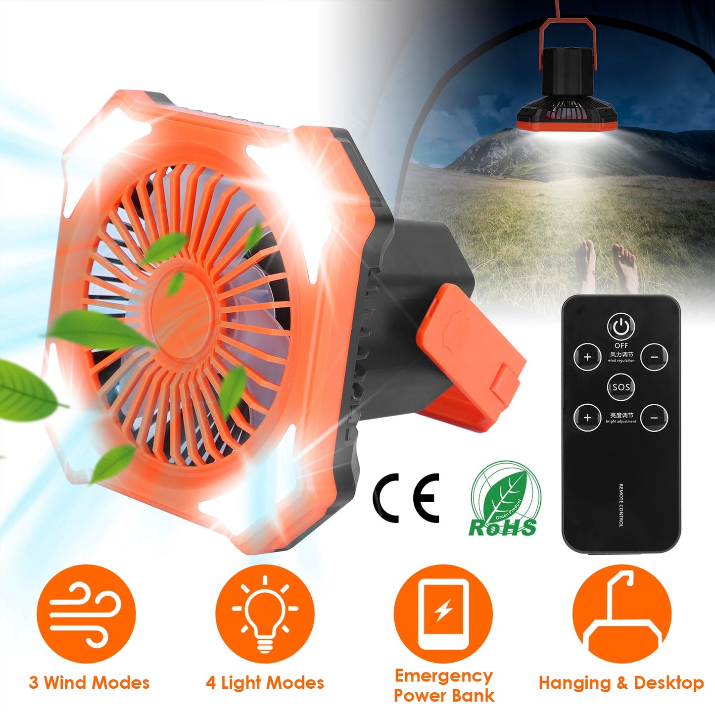 LJGelectro - Portable Camping Lantern Fan 10000mAh Battery Powered Hanging Fan USB Rechargeable Tent Fan with 4 Light Modes 3 Wind Modes Emergency Power Bank Remot