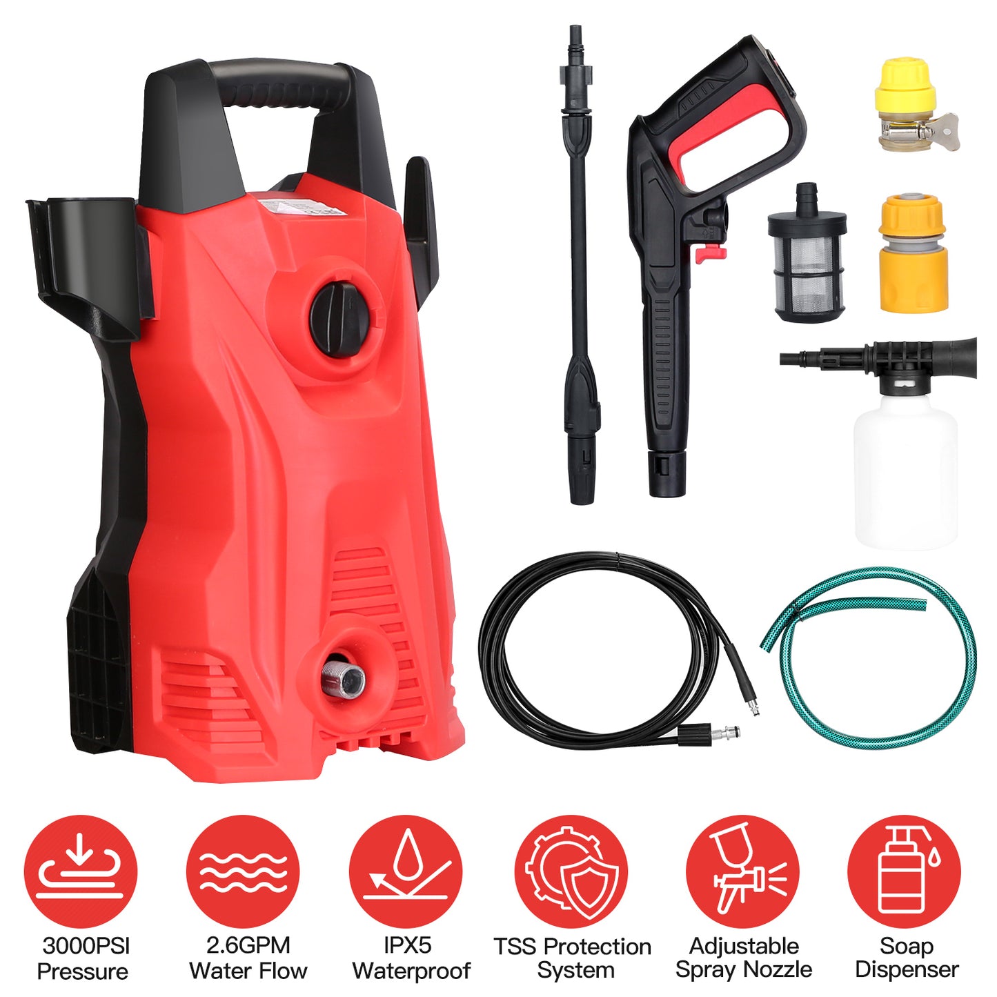 LJGelectro - Electric High Pressure Washer 3000PSI Max 2.6GPM Powerful Car Washer Pressure Cleaner with Adjustable Spray Nozzle Soap Dispenser IPX5 Waterproof for