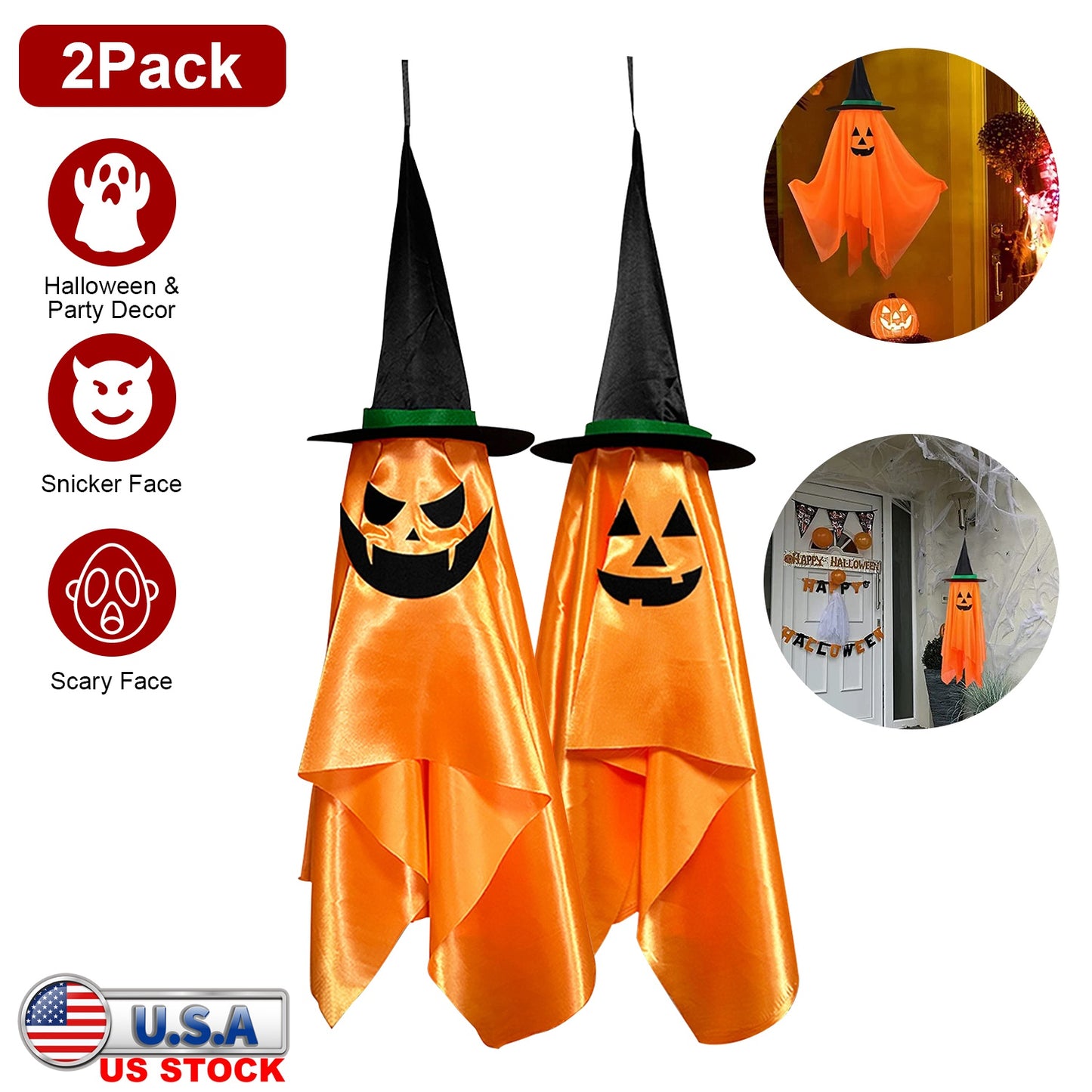 LJGelectro - 2 Pack Hanging Ghosts with Wizard Hat Snicker Scary Face Halloween Party Hanging Decorations Pumpkin Wizard Hat for Eave Tree Porch