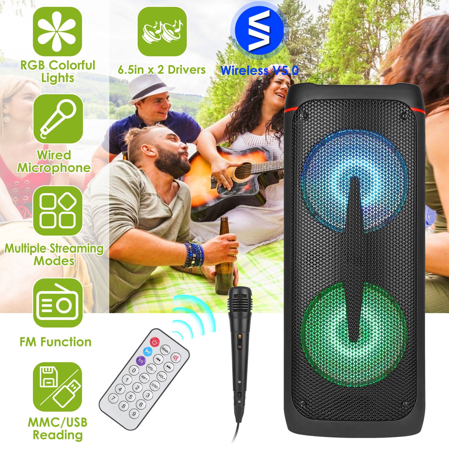 LJGelectro - Portable Wireless Party Speaker RGB Colorful Lights DJ PA System with TWS Function FM Radio USB MMC Card Reading Aux In Recording Function Mic Priorit