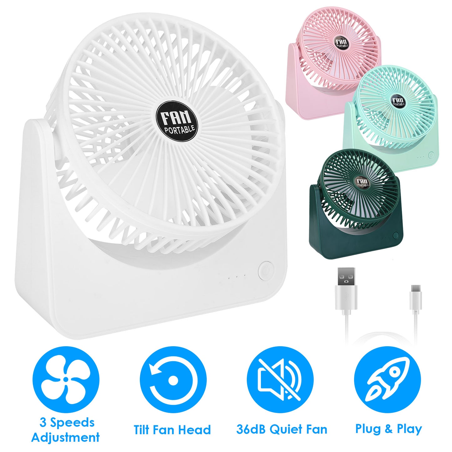 LJGelectro - 6.5in Desk Fan USB Powered 3 Speeds Table Cooling Fan Tilt Quiet Desktop Fan for Bedroom Office