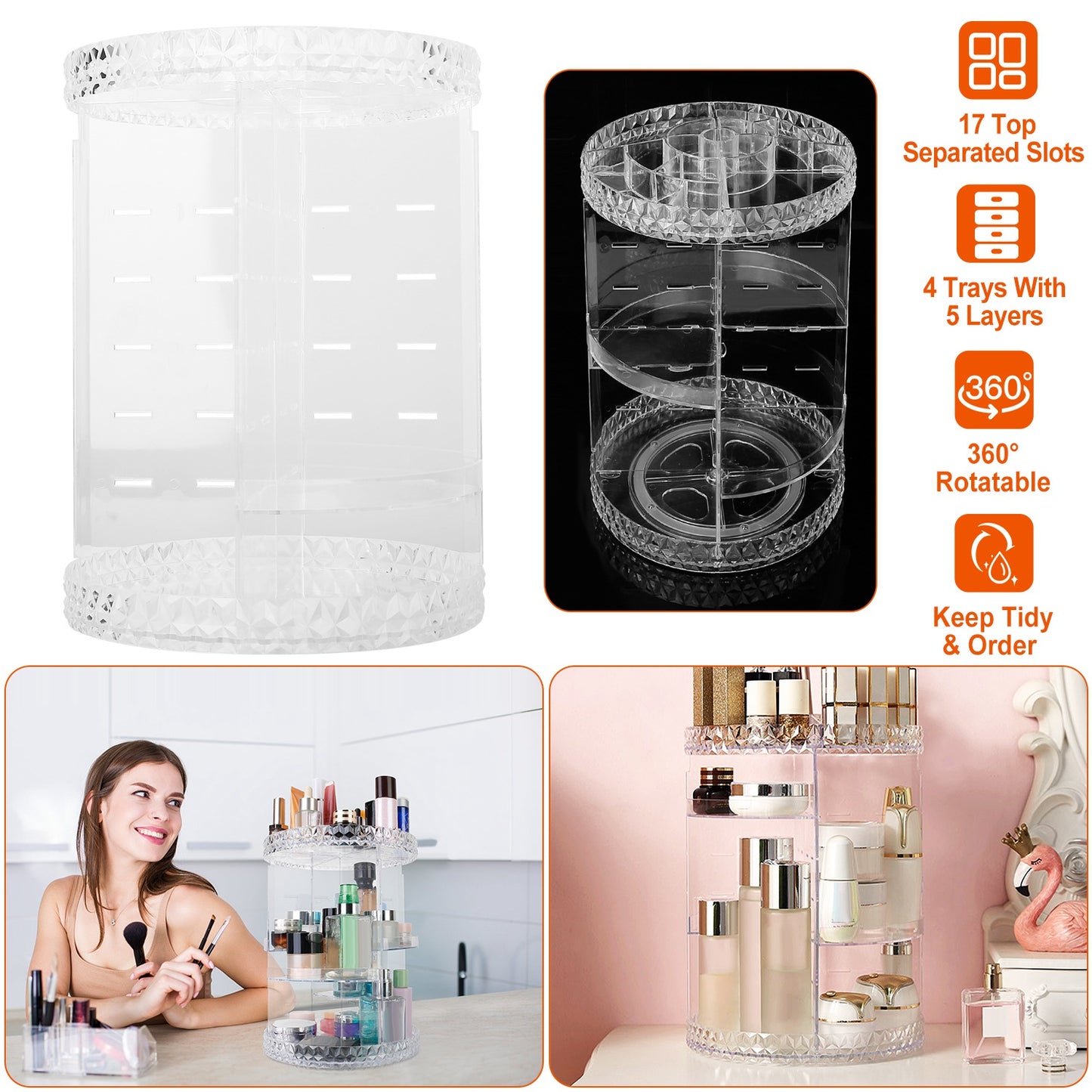 LJGelectro - 360° Rotating Makeup Organizer Clear Cosmetic Storage Rack Transparent Jewelry Display Box Case with 4 Trays One 17-Slot Top Shelf