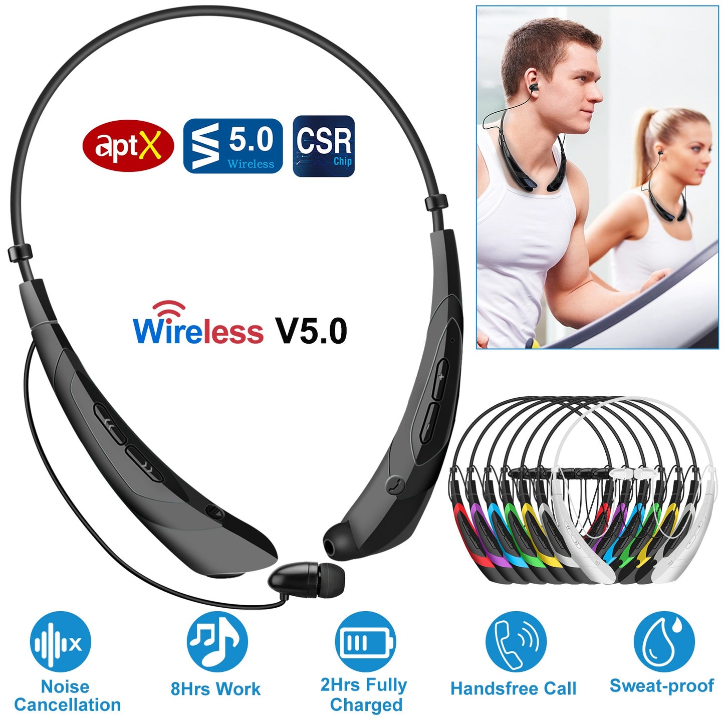 LJGelectro - Wireless Neckband Headphones V5.0 Sweat-proof Sport Headsets Earbuds In-Ear Magnetic Neckbands Stereo Earphone Deep Bass Earphone w/Mic