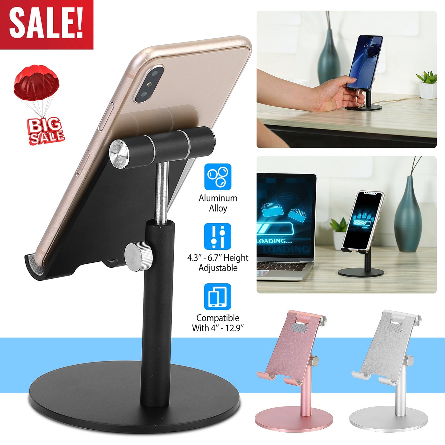 LJGelectro - Cell Phone Stand Universal Tablets Phones Stand Holder Height Angle Adjustable Desktop Phone Stand No-Slip Aluminum Alloy Thick Case Friendly Phone Ho