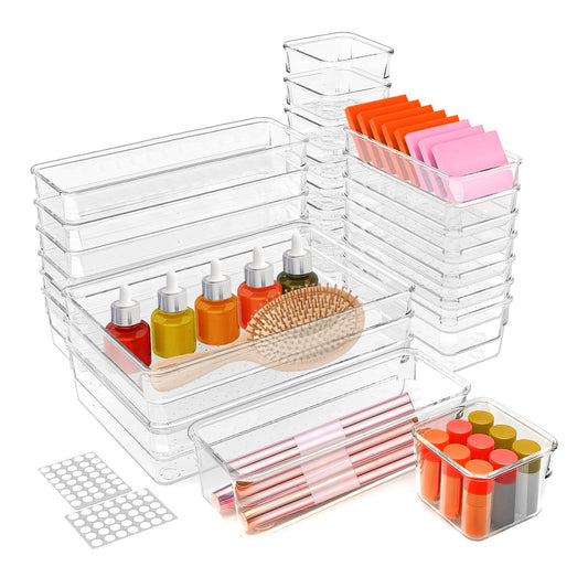 LJGelectro - 25Pcs Clear Plastic Drawer Organizers Set 4 Sizes Desk Drawer Dividers Trays Storage Bins for Vanity Cabinet Makeup Bathroom Office Kitchen Bedroom Je