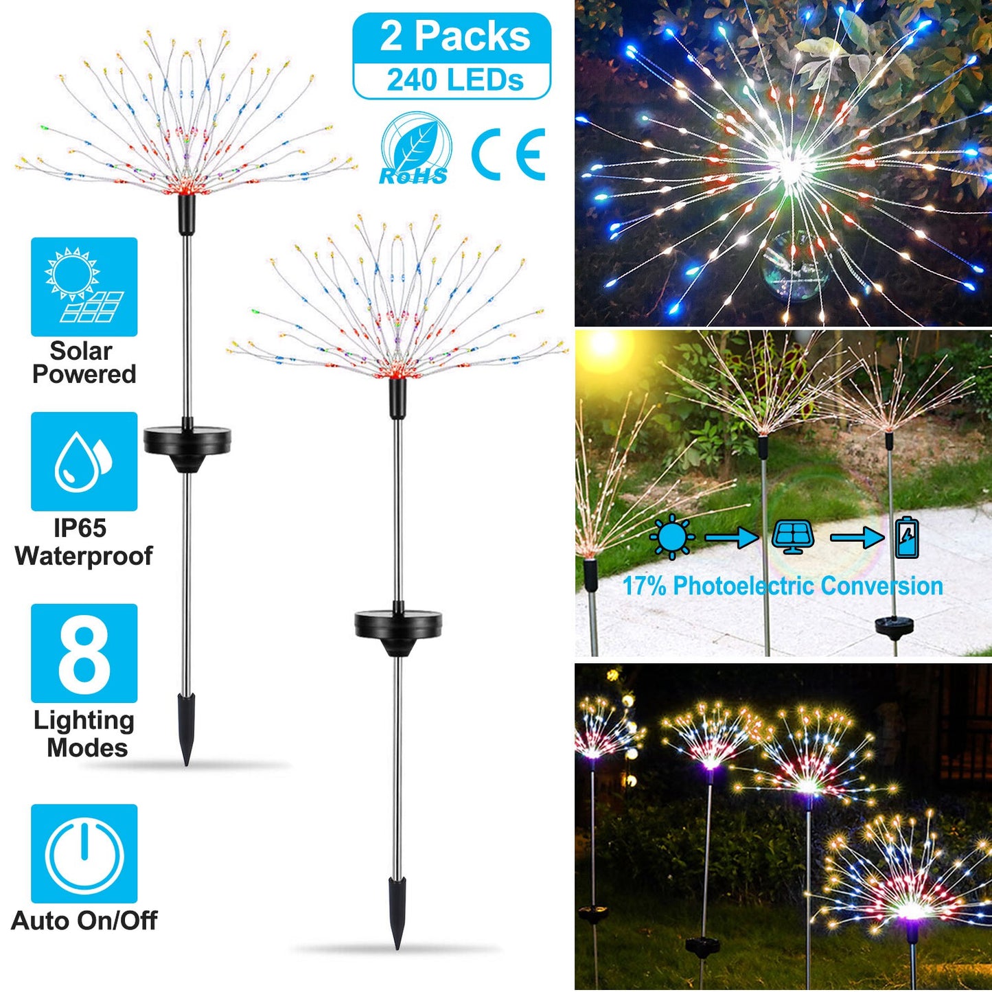 LJGelectro - 2Pcs Solar Powered Starburst Lights 240 LEDs Firework Lamp Garden Path Decor Lights