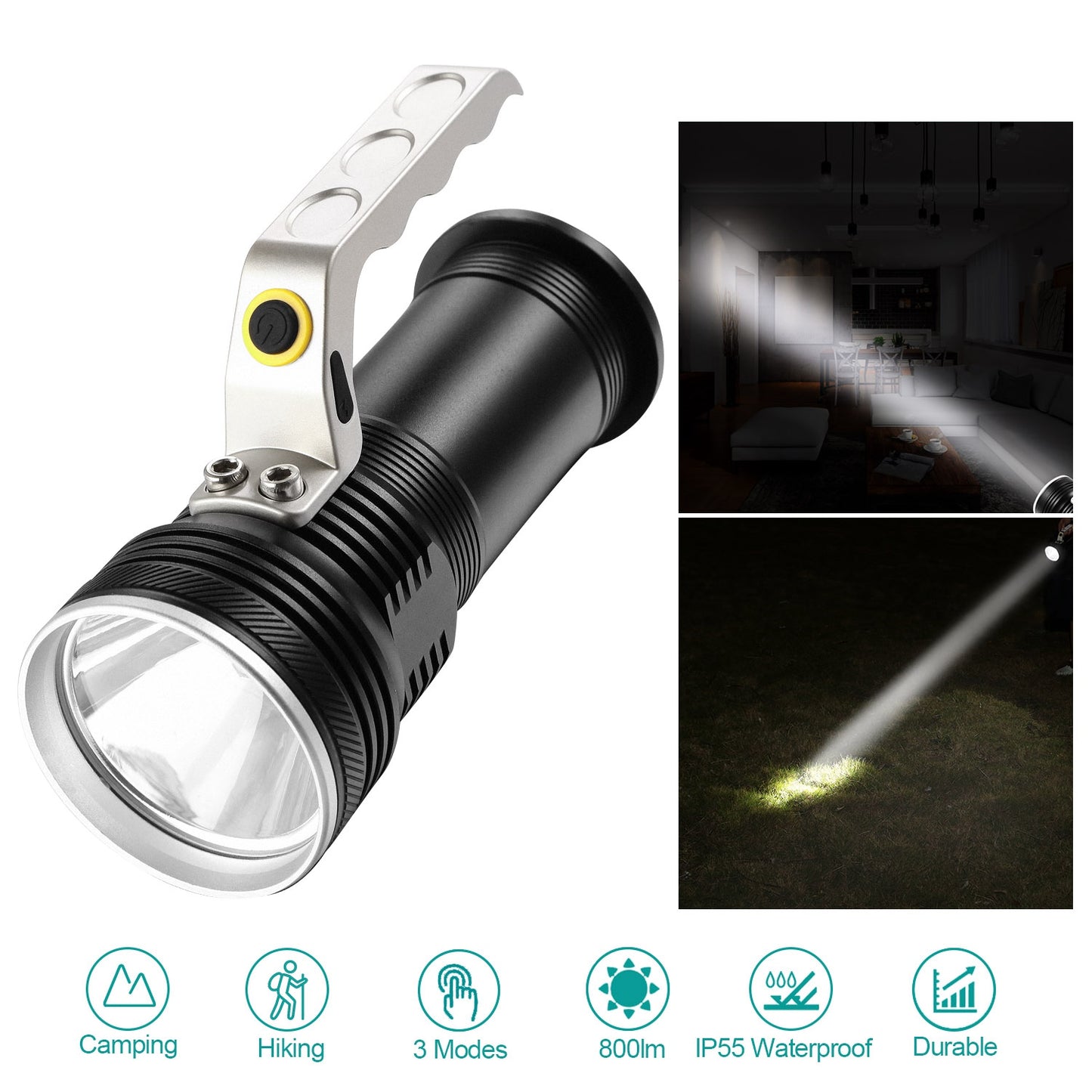 LJGelectro - Super Bright Handheld LED Flashlight Portable USB Rechargeable Searchlight 3 Modes Waterproof Spotlight Torch Flashlight Aluminum Alloy for Camping Hi