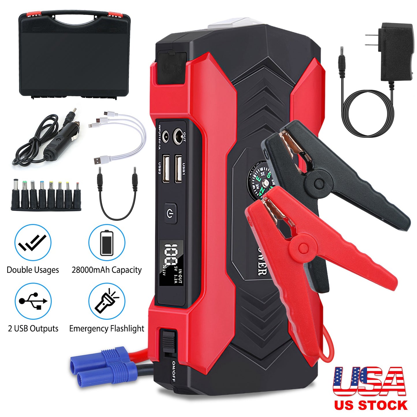 LJGelectro - Car Jump Starter Booster 800A Peak 28000mAh 12V Battery Charger (Up to 6.0L Gas or 3.0L Diesel Engine) w/ LCD Screen 4 Modes LED Flashlight