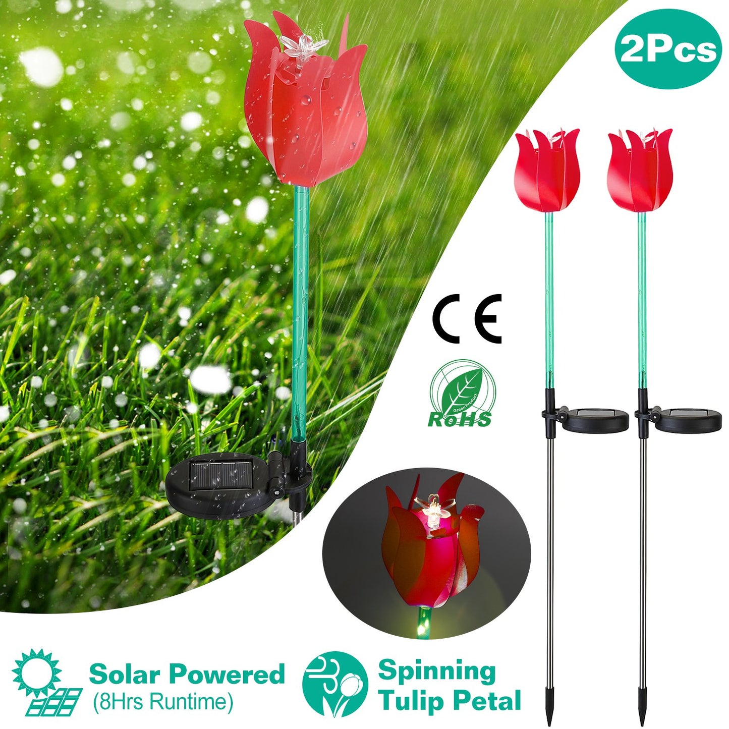 LJGelectro - 2Pcs Solar Powered Tulip Garden Light Wind Mill Waterproof Landscape Stake Lamp Decorative Lawn Lights For Yard Driveway Walkway Patio