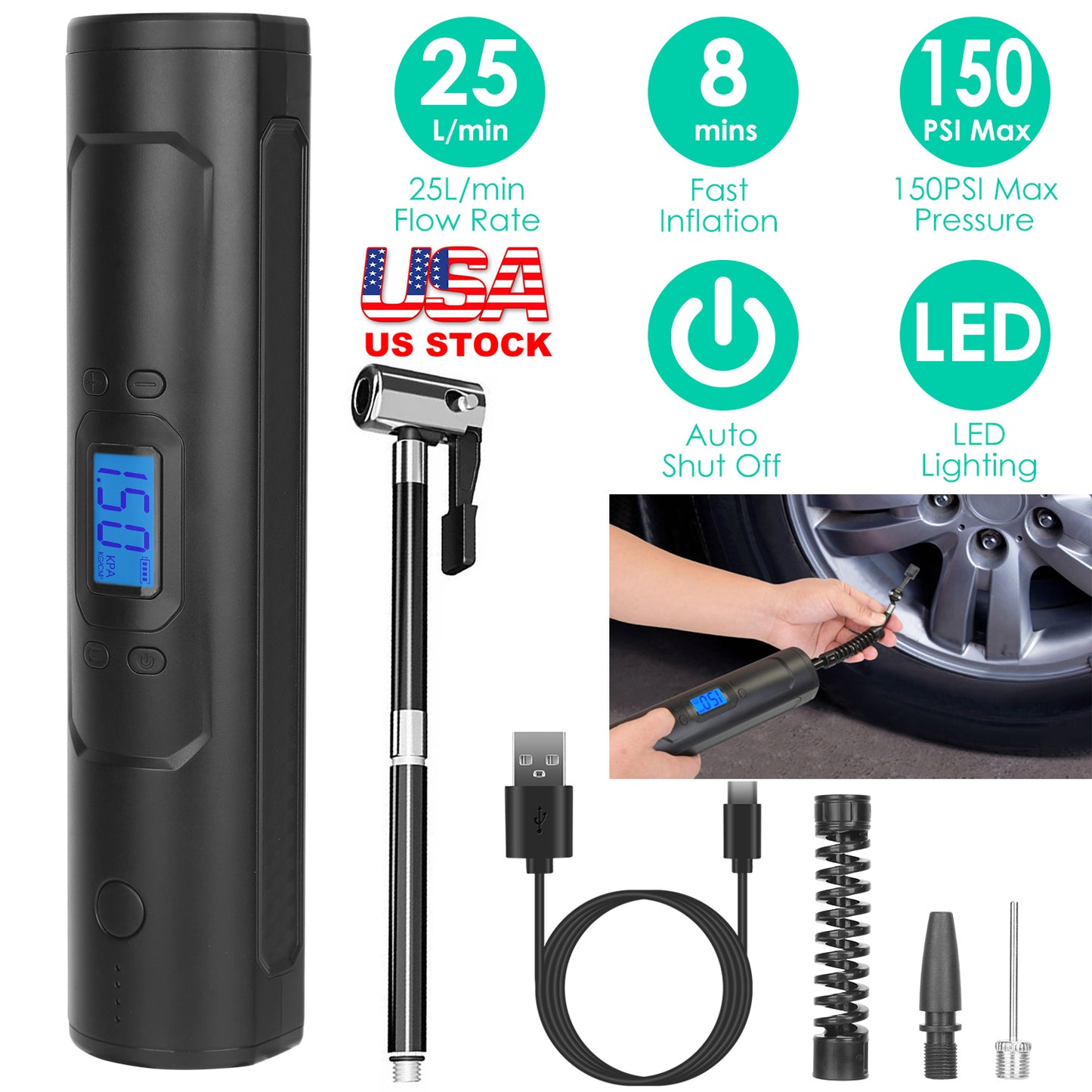 LJGelectro - Car Tire Inflator Pump Portable Car Air Compressor Wireless Electric Air Pump 150 PSI w/LED Light Power Bank