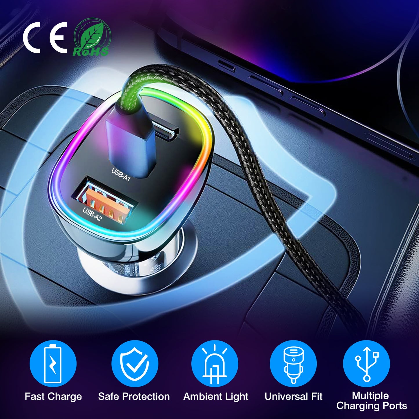 LJGelectro - 90W 3 Ports Fast Charge Car Charger QC3.0 PD3.0 USB Type-C LT Car Cigarette Lighter with Colorful Light Fit for IOS Phone iPad Samsung Goggle Pixel