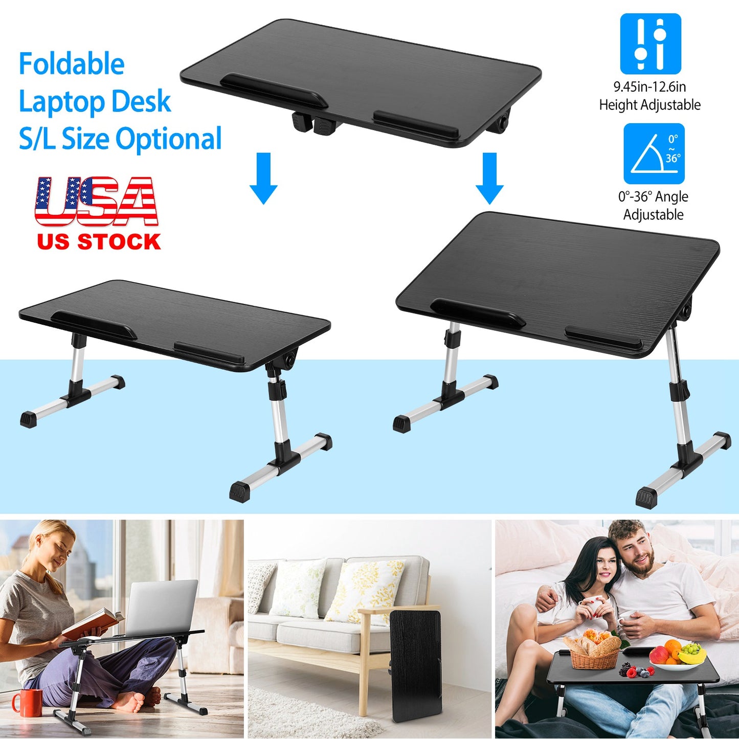 LJGelectro - Foldable Laptop Stand Height Angle Adjust Notebook Bed Desk Breakfast Reading Table For Sofa Couch Floor Dormitory