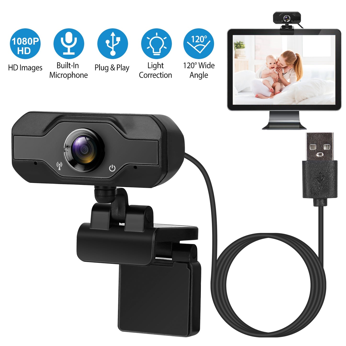 LJGelectro - FHD 1080P USB Webcam w/ 360° Rotatable Clip Streaming USB Camera Plug And Play For PC Video Conferencing Gaming Facetime Broadcast