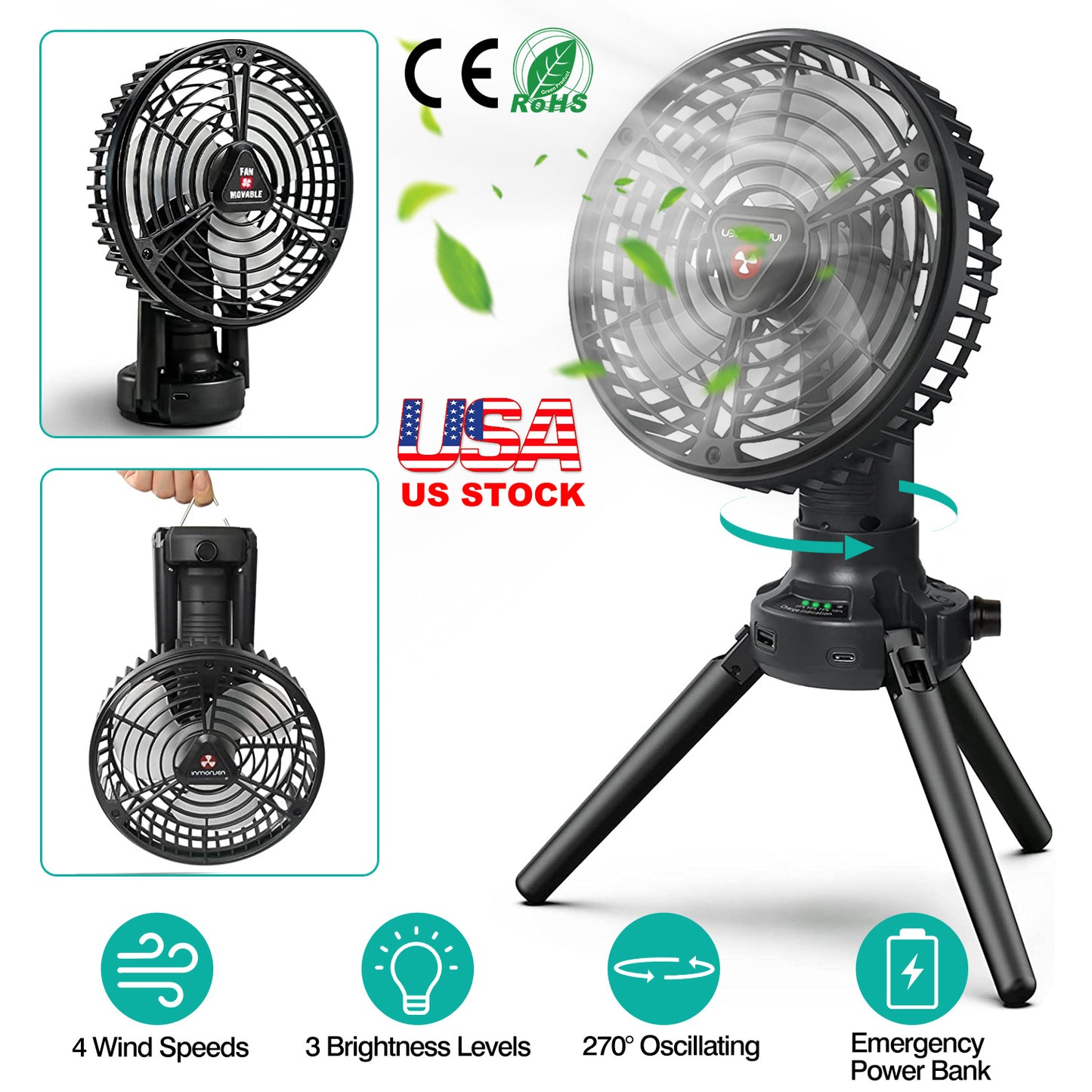 LJGelectro - Foldable Camping Fan with Emergency Power Bank 270° Oscillating Rechargeable Tripod Fan for Hiking Fishing Personal Desk Fan with 4 Speeds 3 Brightnes