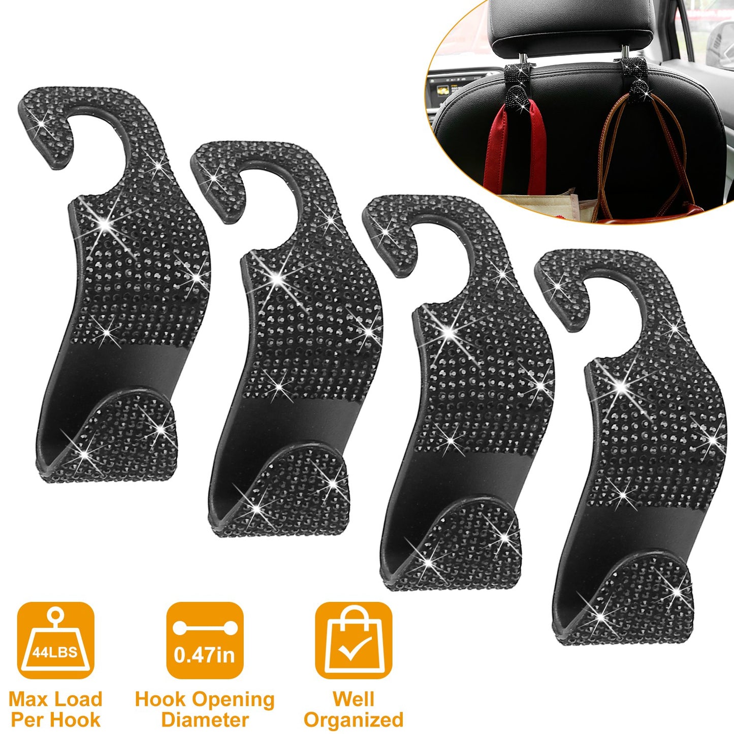 LJGelectro - 4Pcs Car Headrest Hooks Bling Rhinestones Back Seat Organizer Hanger Holder For Bag Purse Cloth Grocery Umbrellas