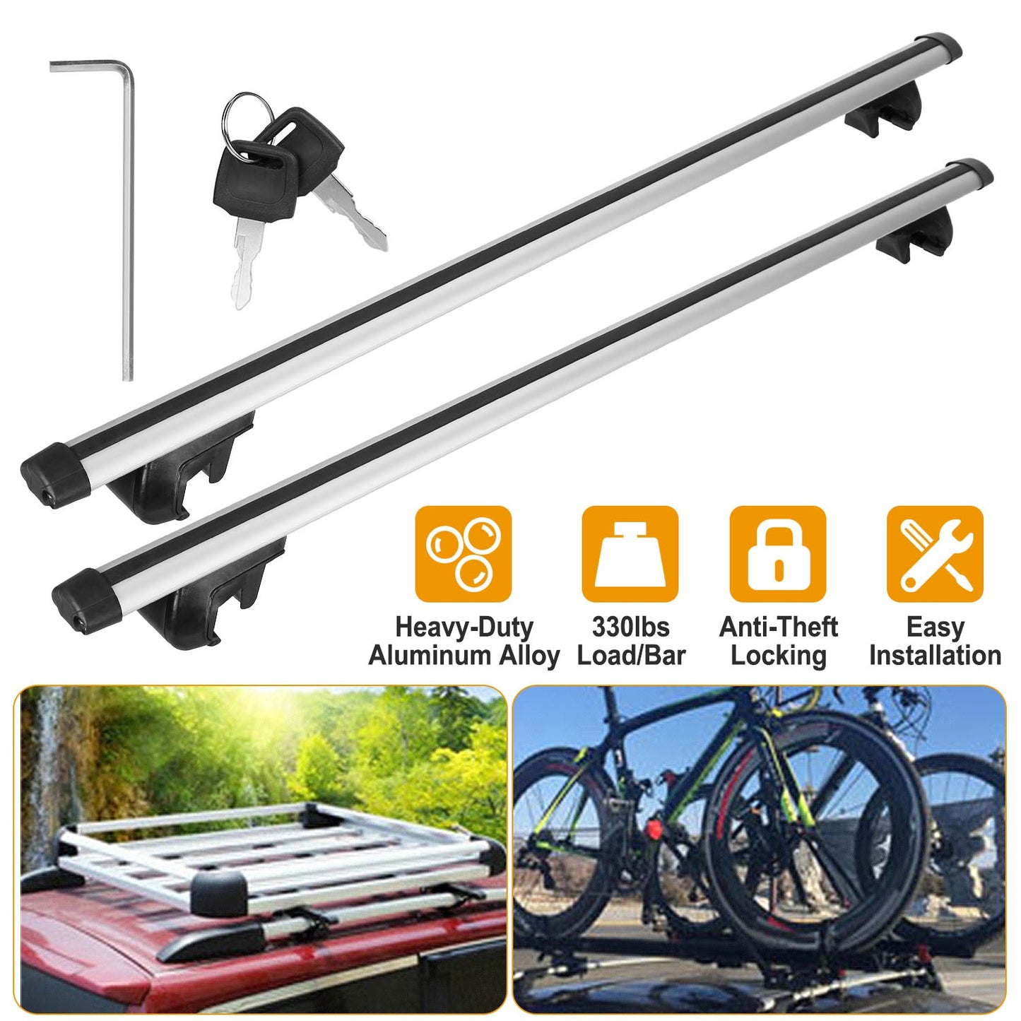 LJGelectro - 2Pcs Car Roof Top Crossbar Rack Aluminum Alloy Luggage Carrier Rack 330lbs Max Load w/Lock Fit Most Cars SUVs