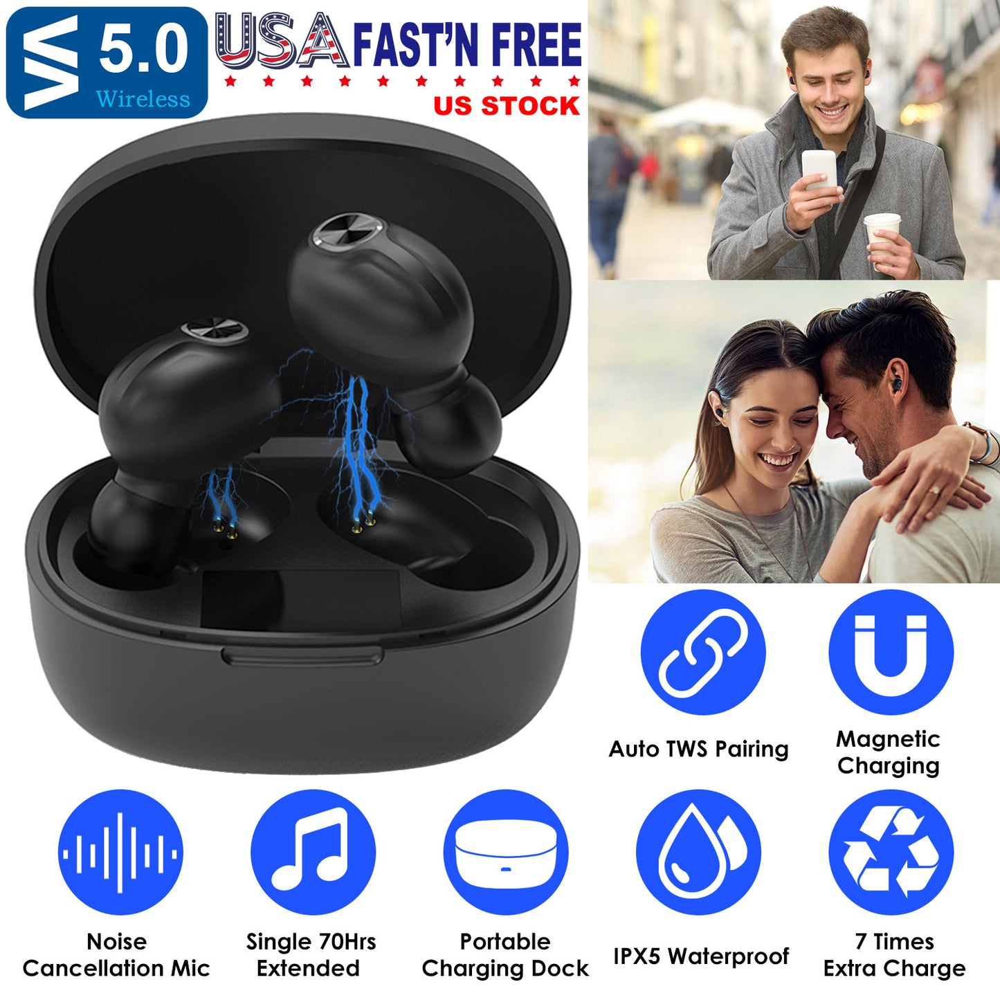 LJGelectro - TWS Wireless 5.0 Earbuds In-Ear Stereo Headset Noise Canceling Earphone Headsets w/Mic Magnetic Charging Dock For Driving Working Travelling