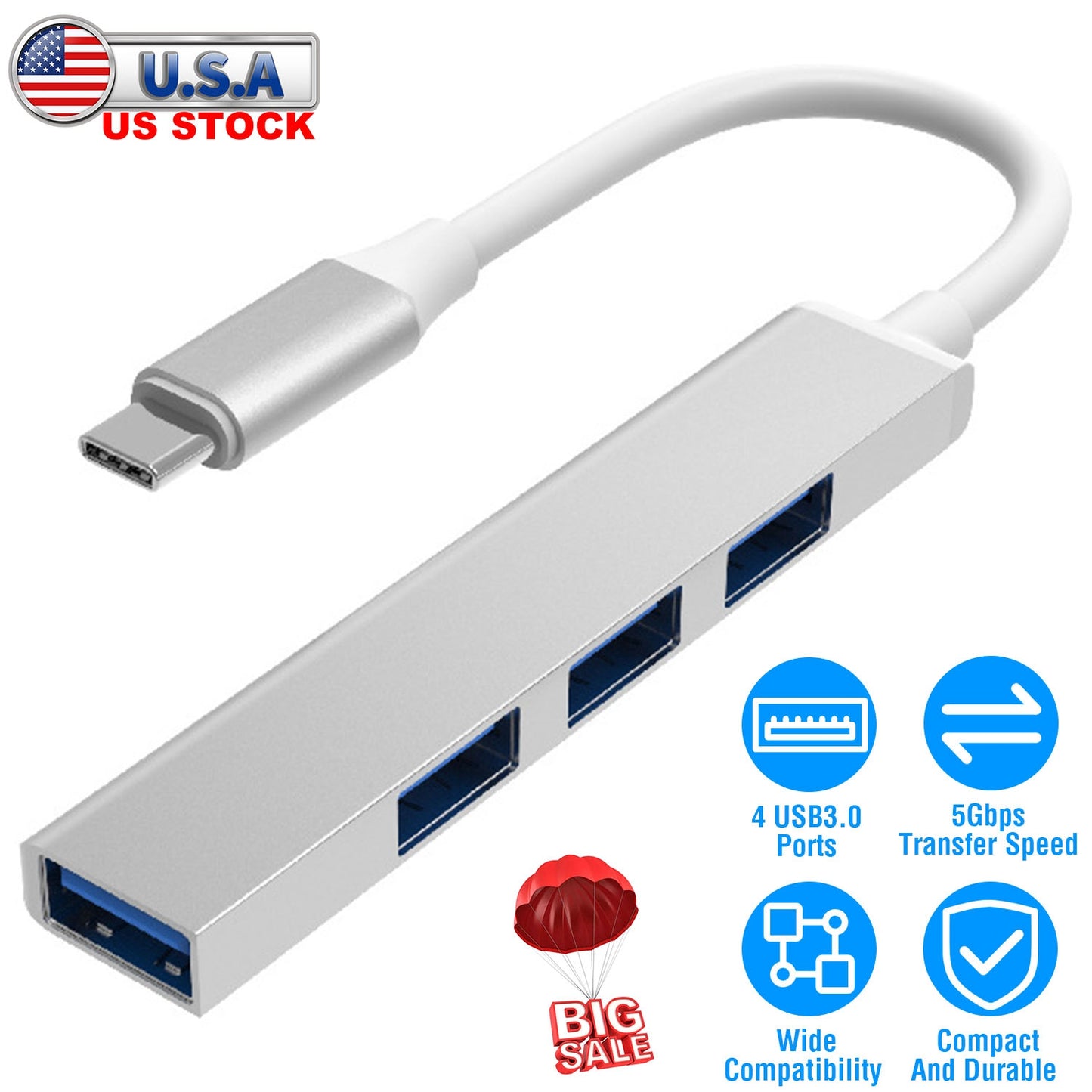 LJGelectro - Type C to USB 3.0 Hub USB-C 4 Port USB C Adapter Expander Multi Splitter for Macbook PC Mac iPad