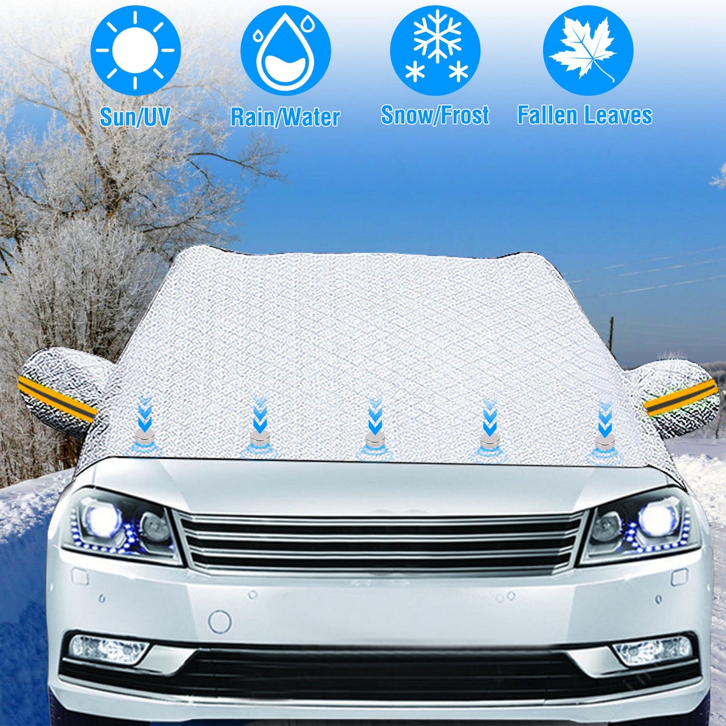 LJGelectro - Car Windshield Snow Cover Windproof Magnetic Car Windscreen Cover Frost Ice Protection with Side Mirror Protector 5 Magnets for Most Vehicles