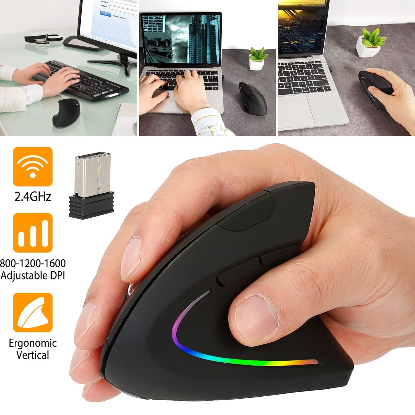 LJGelectro - 2.4G Wireless Vertical Mouse Ergonomic Optical Mice w/ 6 Buttons 3 Adjustable DPI 800/1200/1600 Levels for Laptop PC Computer