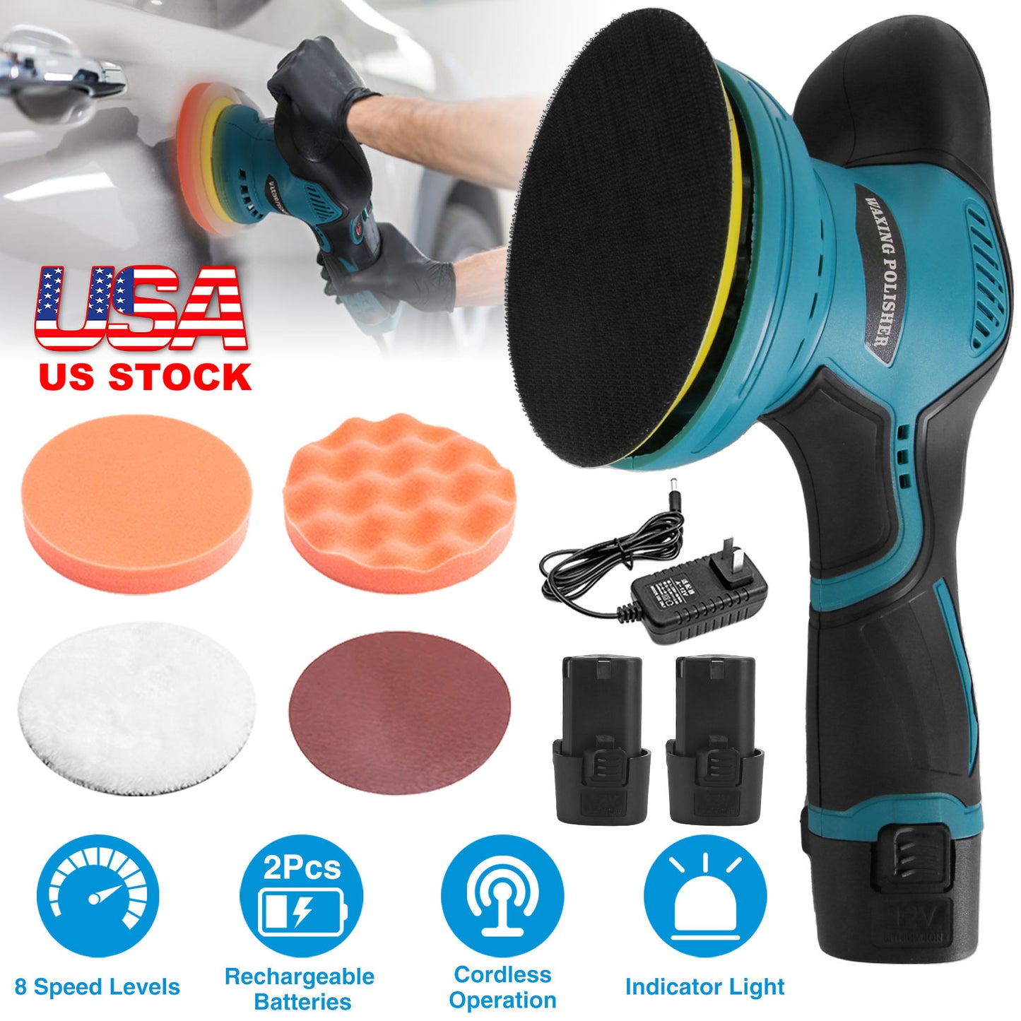 LJGelectro - Cordless Car Buffer Polisher with 2Pcs 1500mAh Rechargeable Batteries 8 Speed Levels Wireless Polishing Waxer Machine Kit for Car Detailing