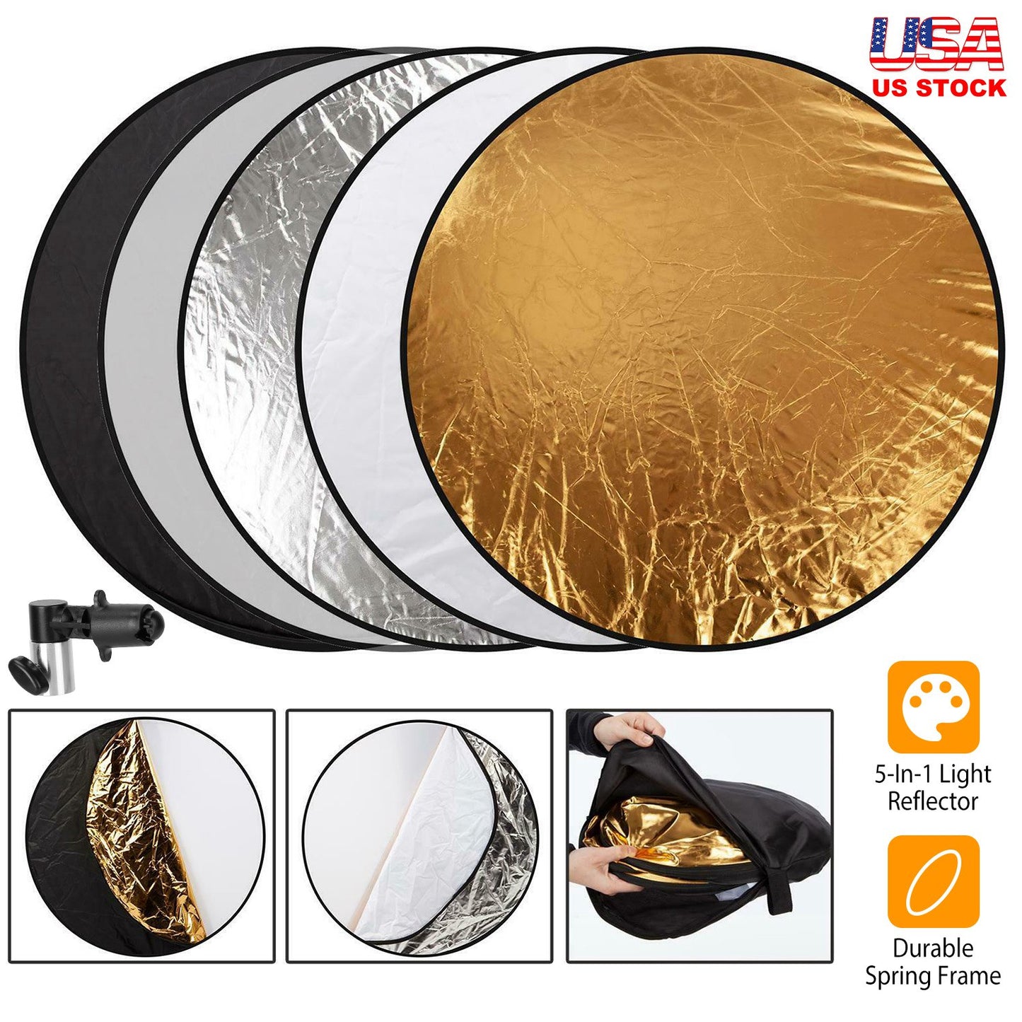 LJGelectro - 42.5In 5 In 1 Photography Round Light Reflector Collapsible Multi Disc Light Diffuser w/ Storage Bag Translucent Silver Gold White Black 5 Colors Refl