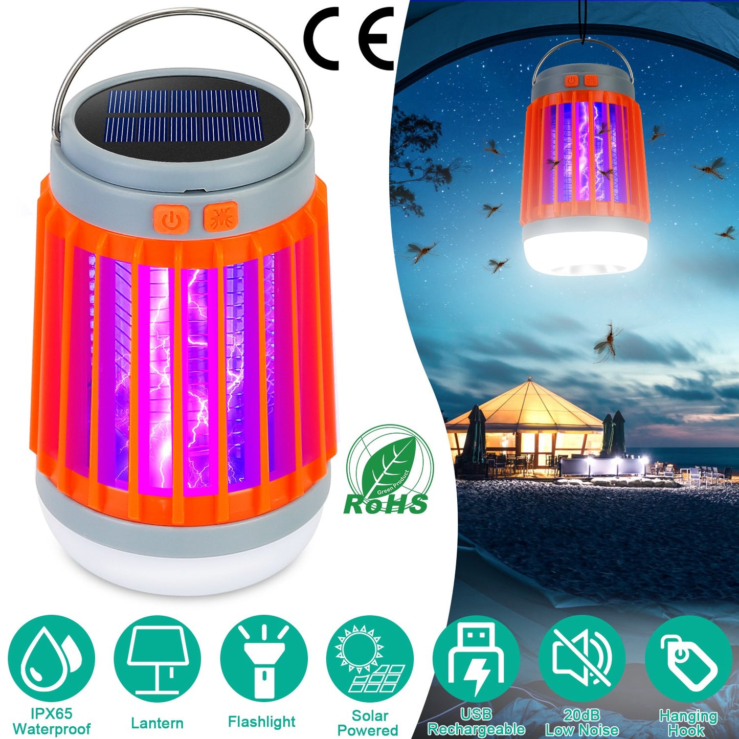 LJGelectro - Solar USB Electric Bug Zapper Mosquito Insect Killer Lamp Portable UV Light Bulbs Fly Trap Catcher w/ 5 Light Modes Hanging Hook